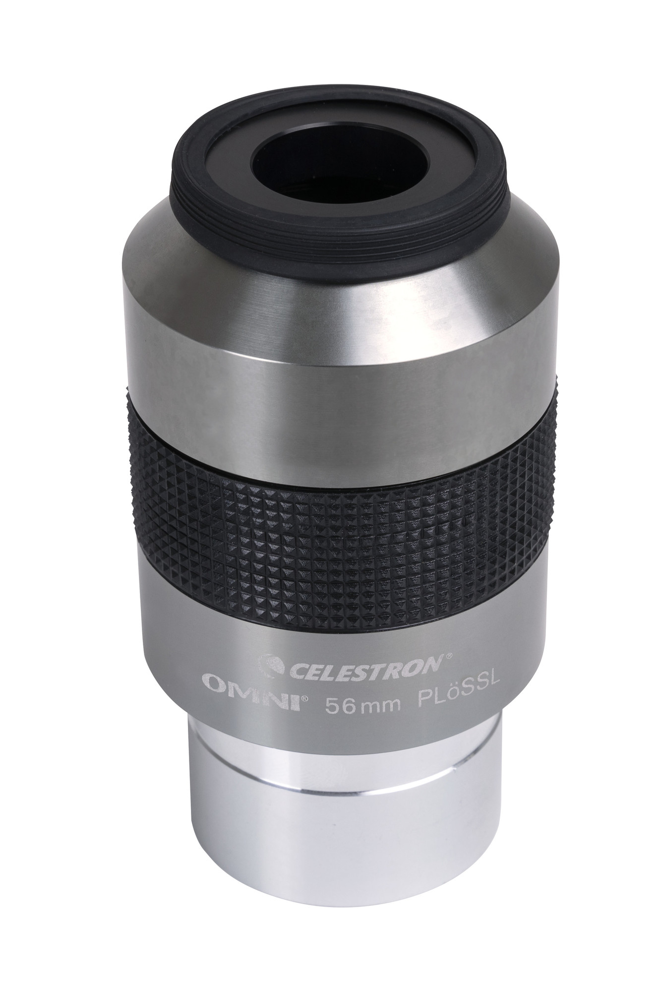 Ein silbernes Teleskopokular mit schwarzem strukturiertem Griff und Celestron-Marke auf Weiß.