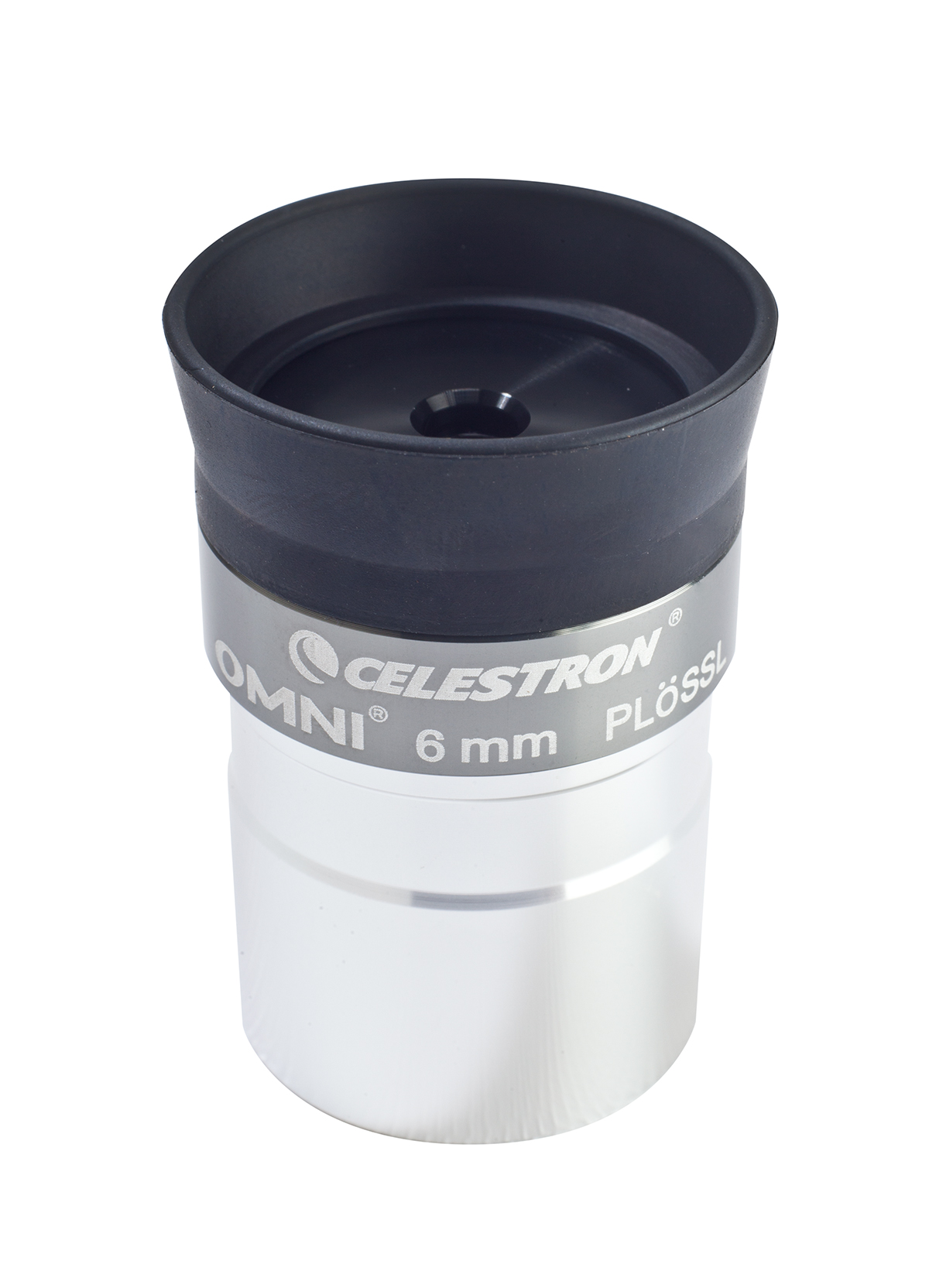 Ein Teleskopokular mit schwarzem Oberteil und silbernem Gehäuse, mit dem Markennamen Celestron darauf.