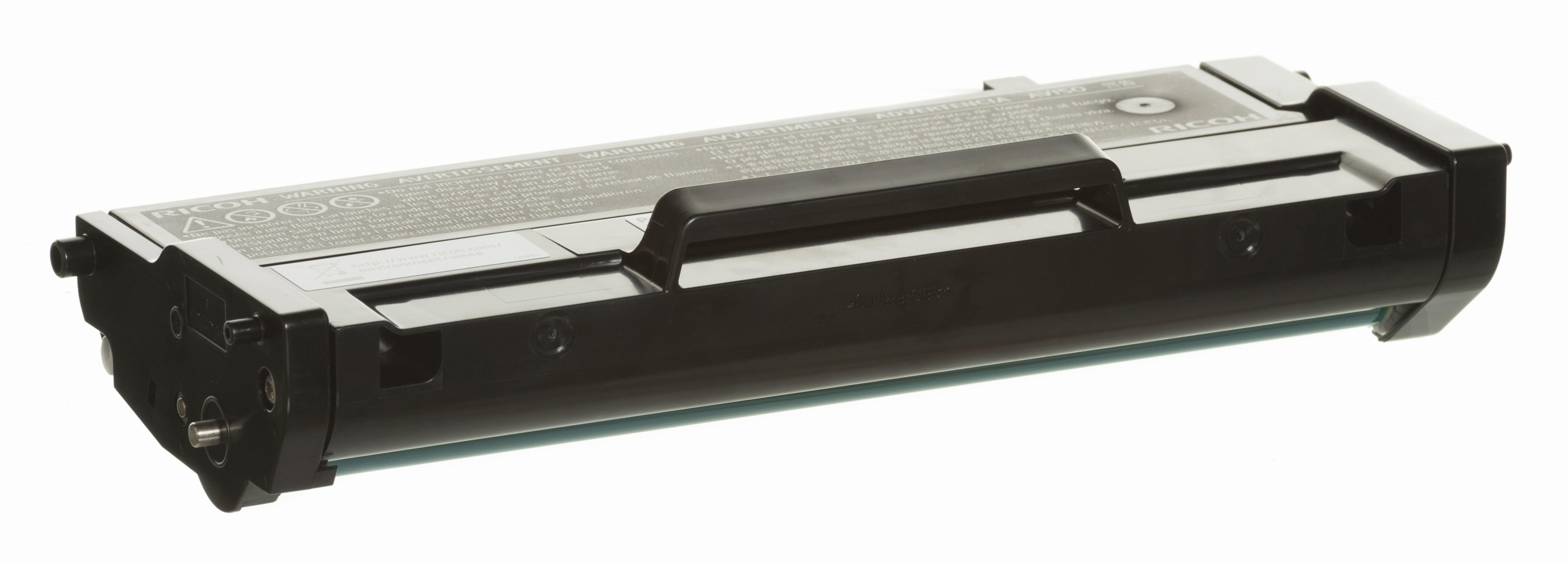 Czarny toner, marka Ricoh, na białym tle, z widocznym tekstem i szczegółami.