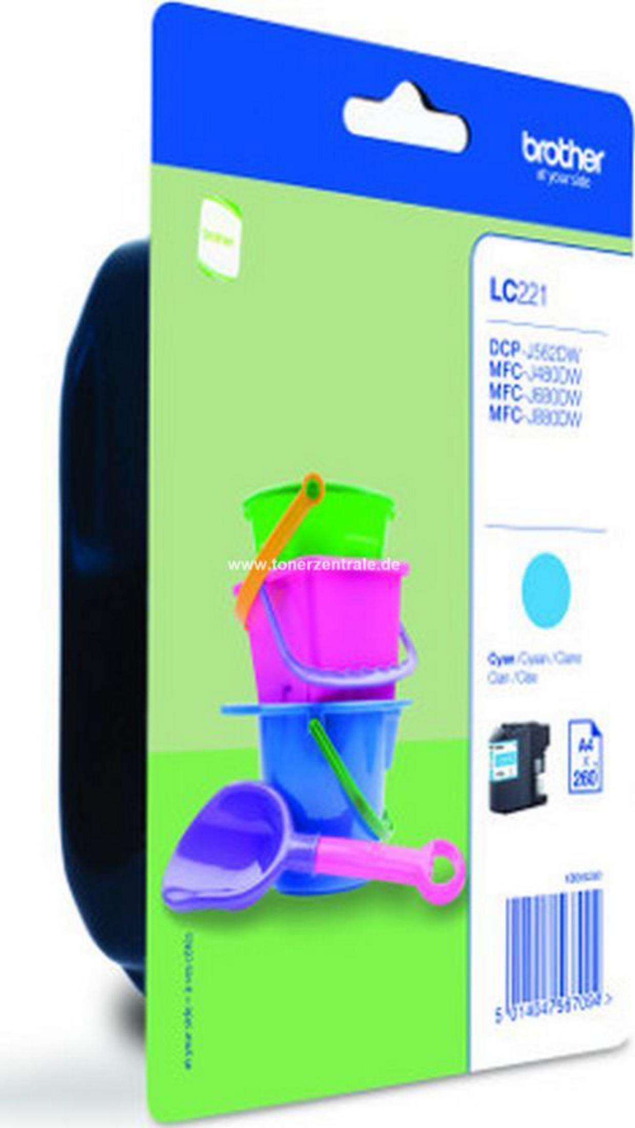 Confezione di cartucce d'inchiostro ciano Brother con giocattoli da spiaggia. Sfondo verde.