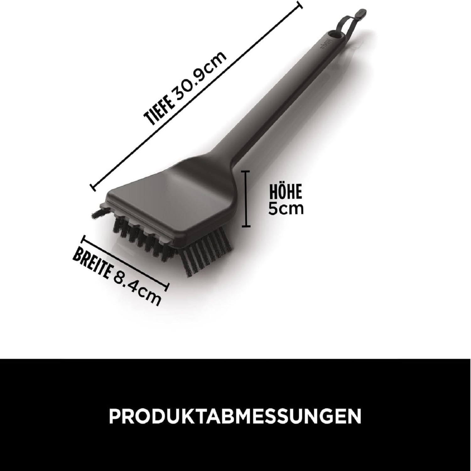Czarna szczotka do grilla z wymiarami. Pomiary obejmują długość, szerokość i wysokość.