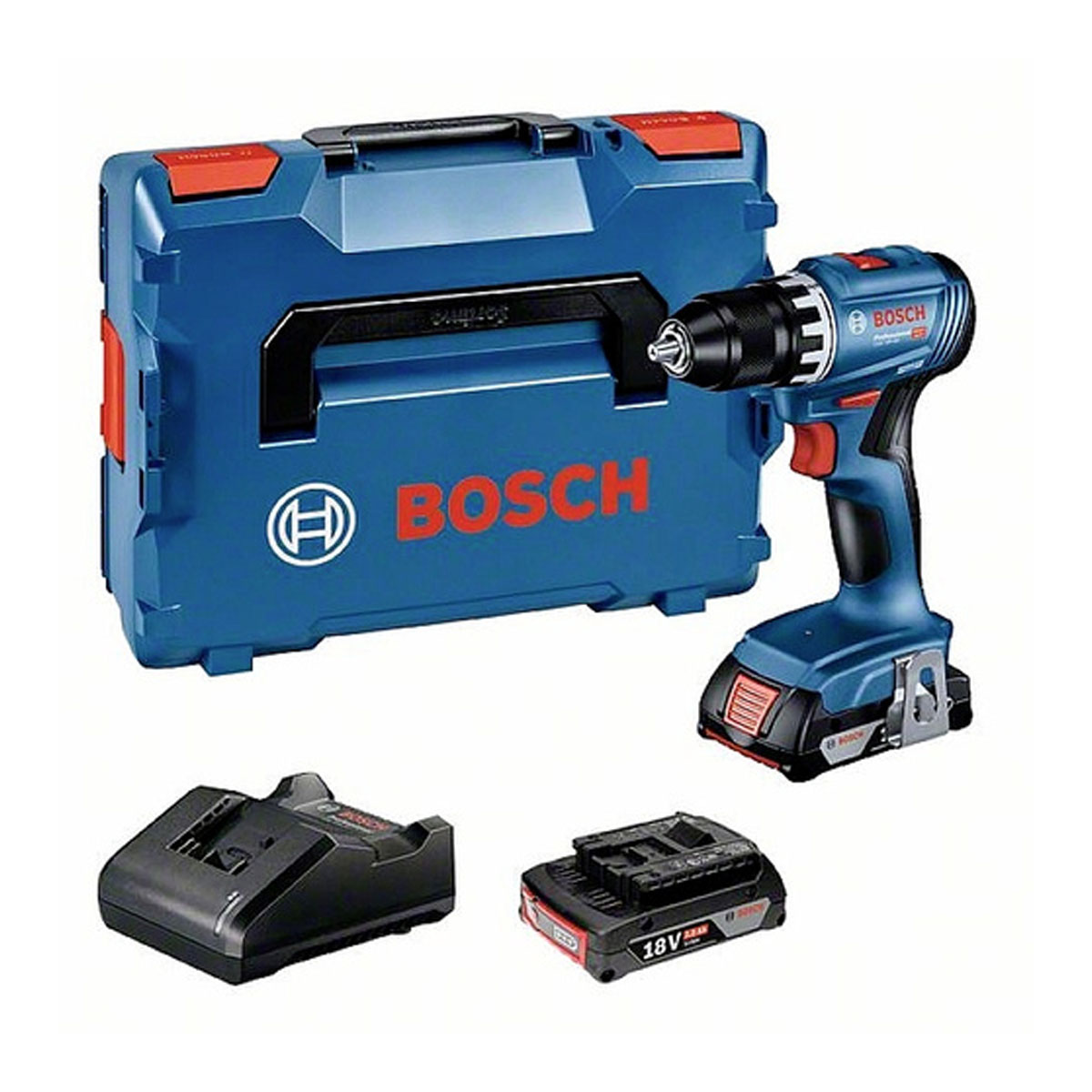 Ein blauer Bosch-Bohrer mit blauem Koffer, Ladegerät und Akku auf weißem Untergrund.