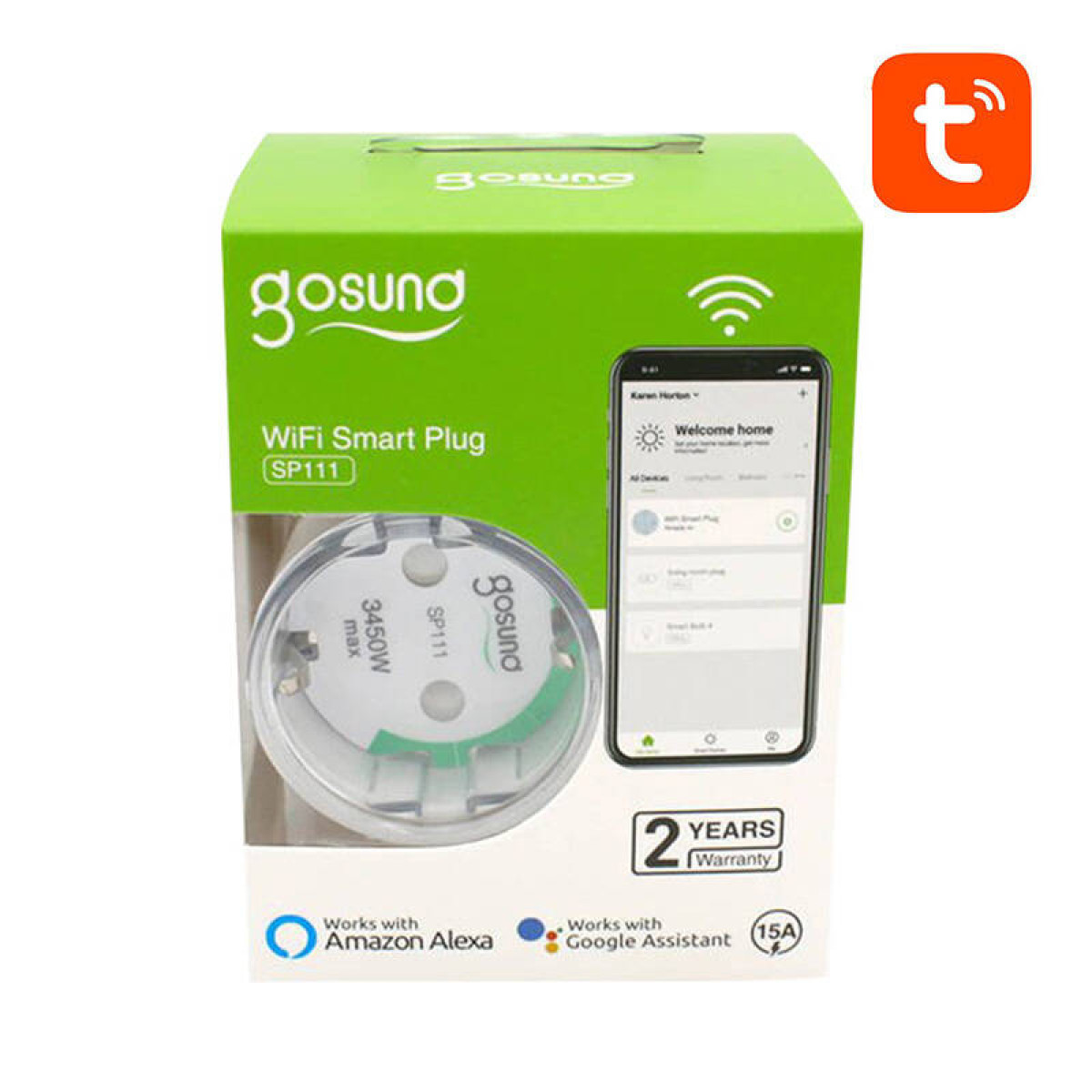 Ein Smart Plug in einer Box, mit einem Telefon, das die App-Oberfläche zeigt. Funktioniert mit Alexa & Google.