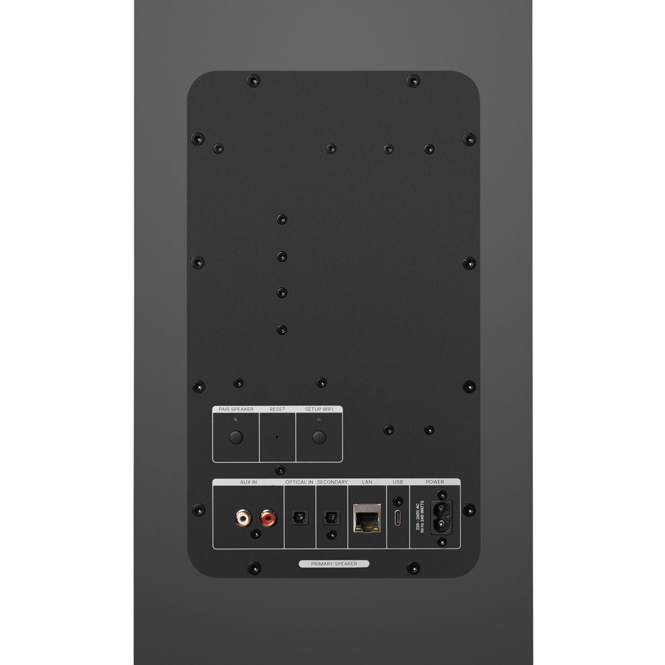 De achterkant van een zwarte luidspreker met diverse poorten: aux in, optisch, LAN, USB en stroom.