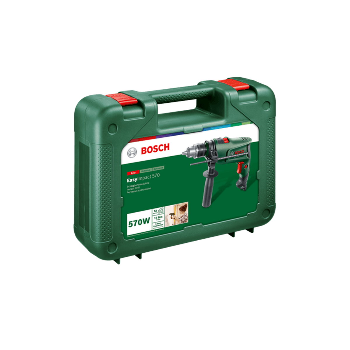 Grüne Bosch EasyImpact 570 Bohrmaschine in einem grünen Transportkoffer.
