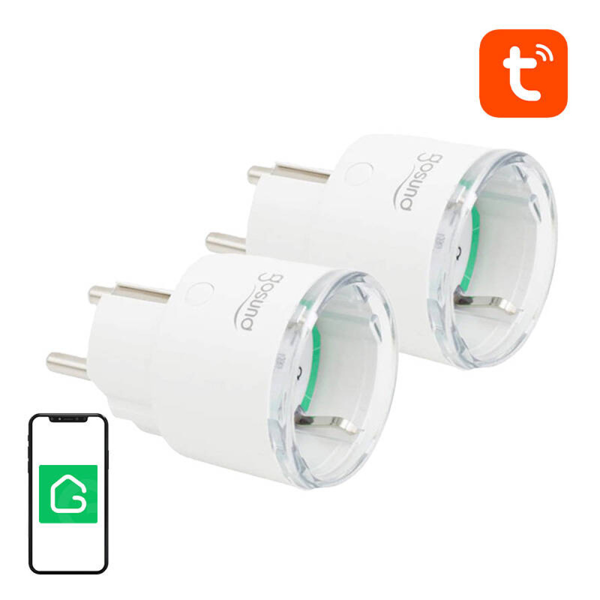 Zwei weiße Smart Plugs mit dem Gosund-Logo, neben einem Smartphone mit grünem App-Symbol.