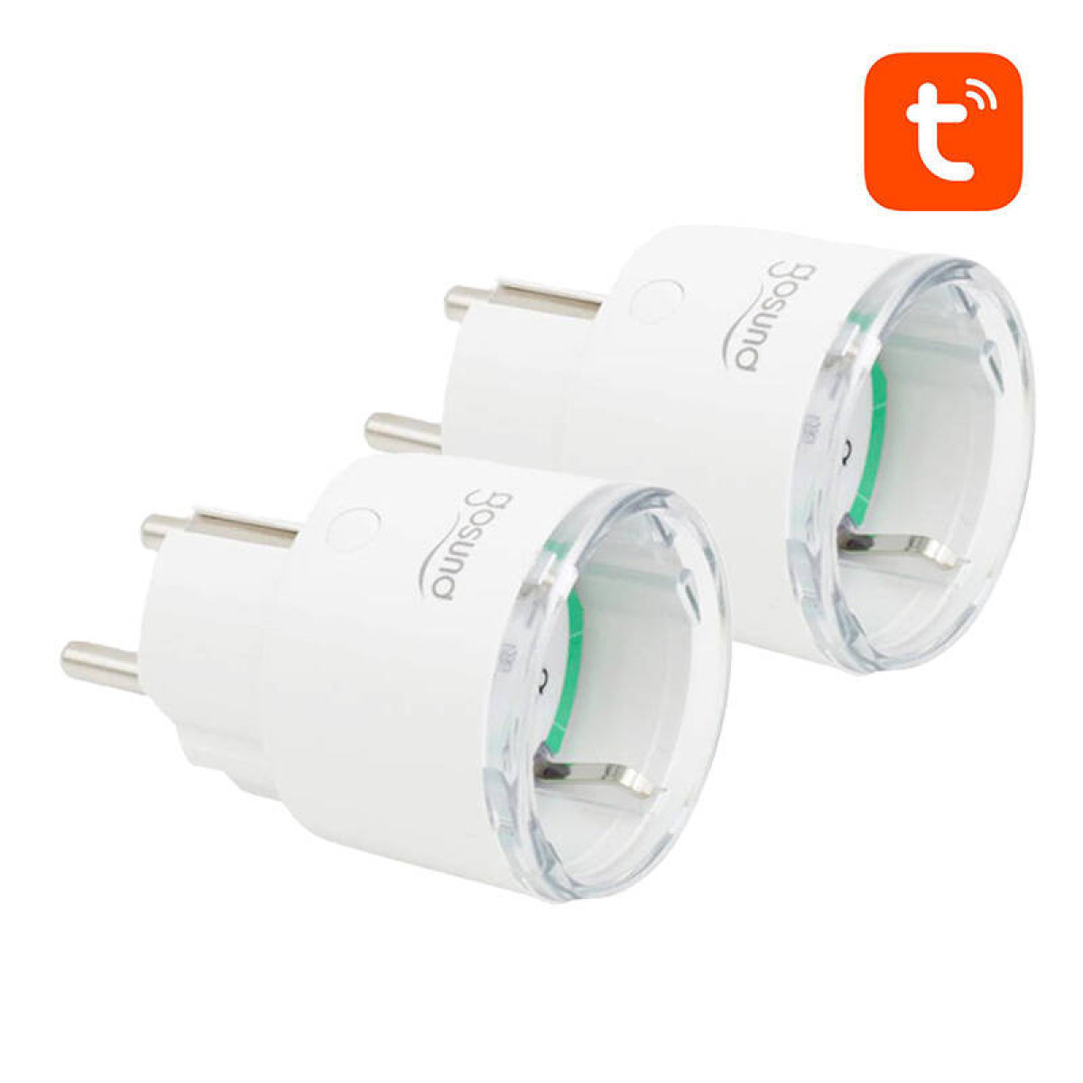 Zwei weiße Gosund Smart Plugs mit transparentem Ring und Metallstiften, zum Betrachter geneigt.