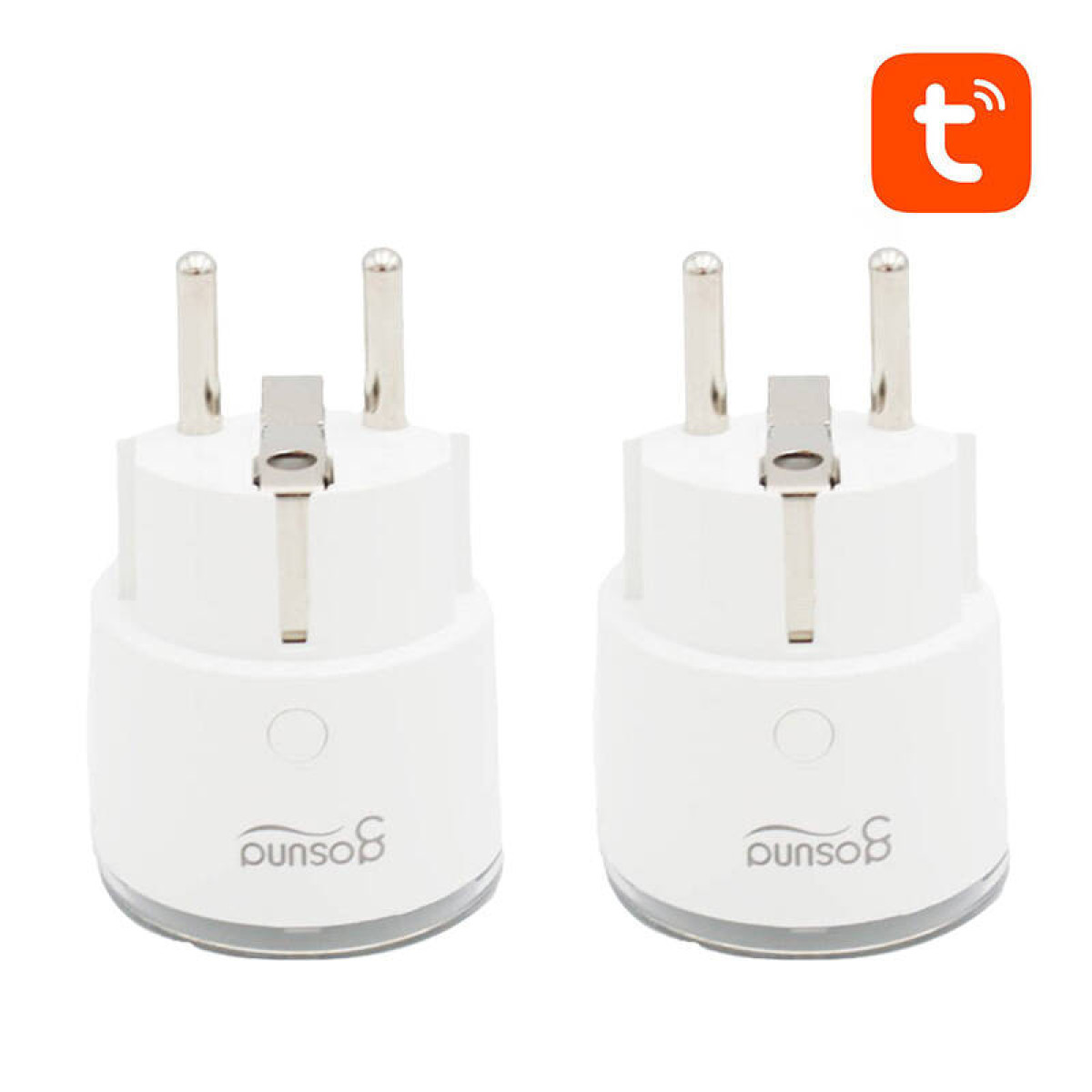 Zwei weiße Smart-Stecker mit silbernen Stiften und 't' Logo.