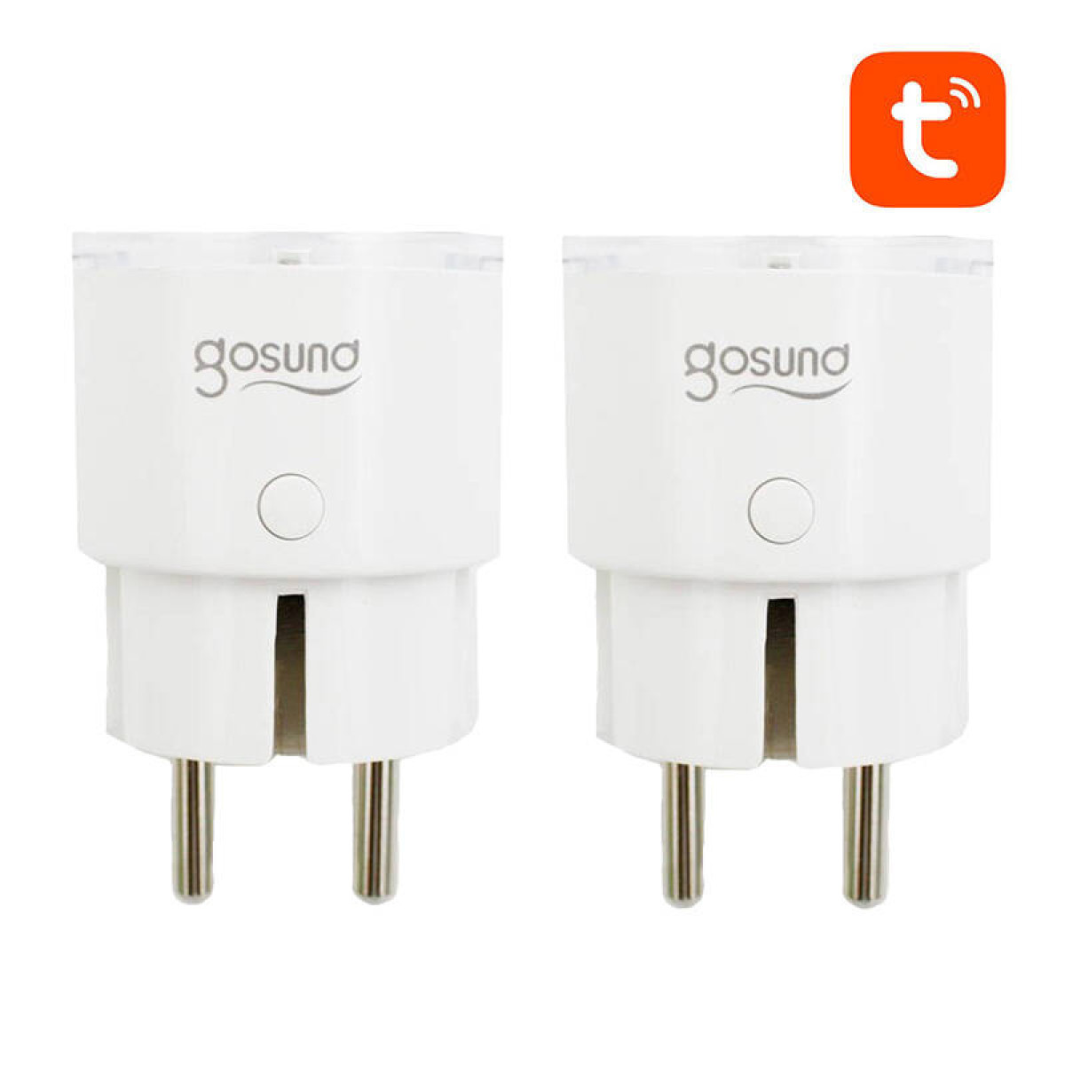 Zwei weiße Smart Plugs auf weißem Hintergrund.