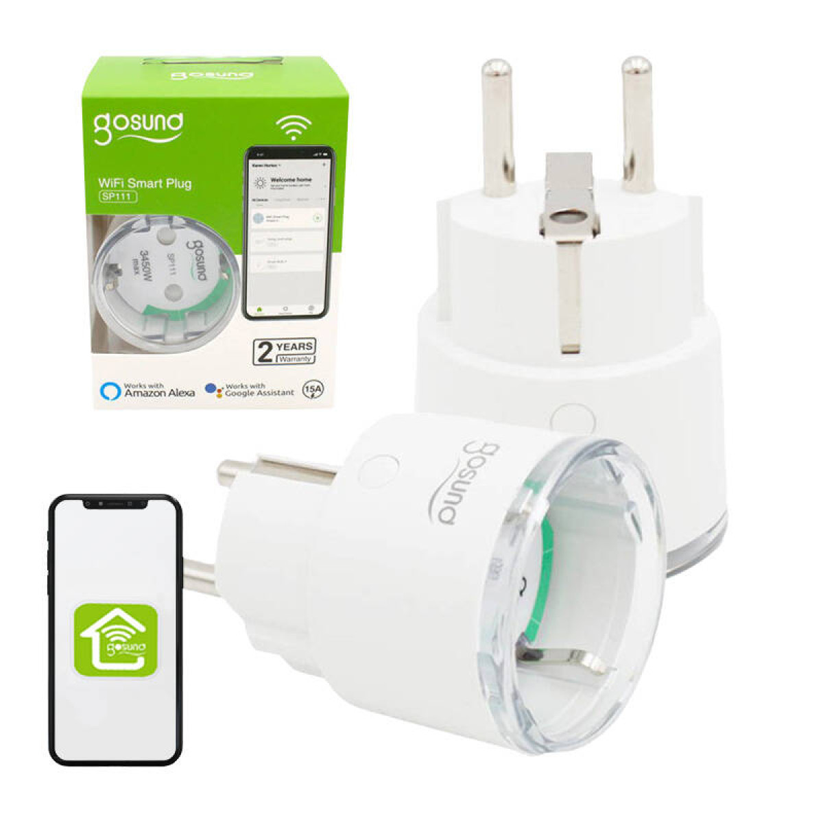 Zwei weiße Smart-Stecker mit einer Box und einem Telefon, das die App zeigt.