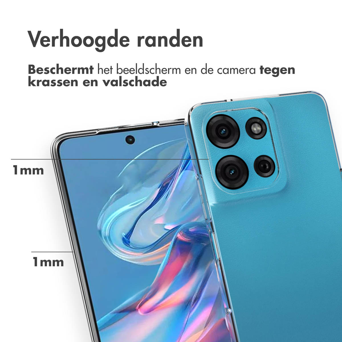Telefoon en hoesje. De telefoon is blauw, de hoes transparant, met 1 mm verhoogde randen.