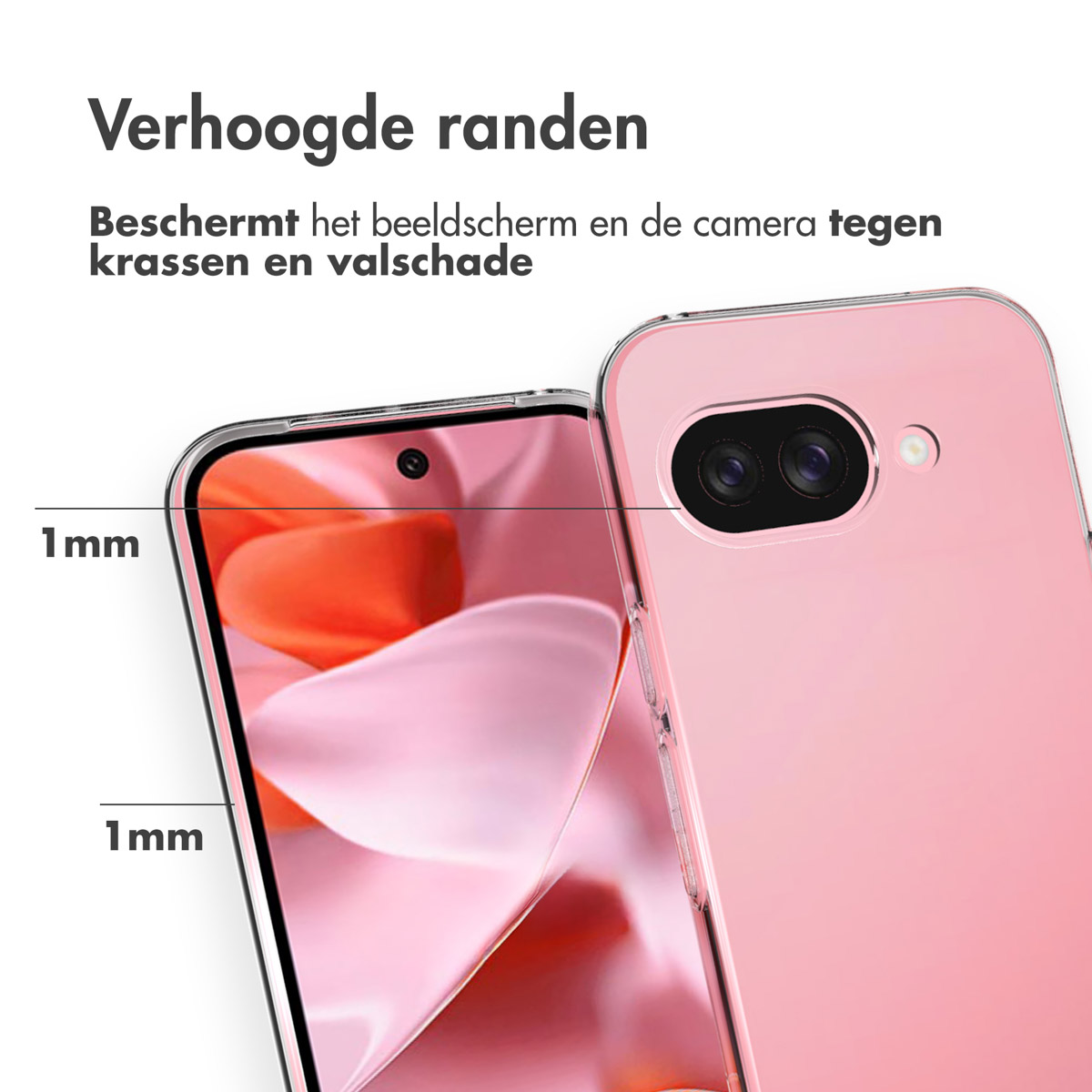 Due telefoni rosa. Testo: 'Bordi rialzati'. Misurazione di 1 mm. Sfondo: Bianco.