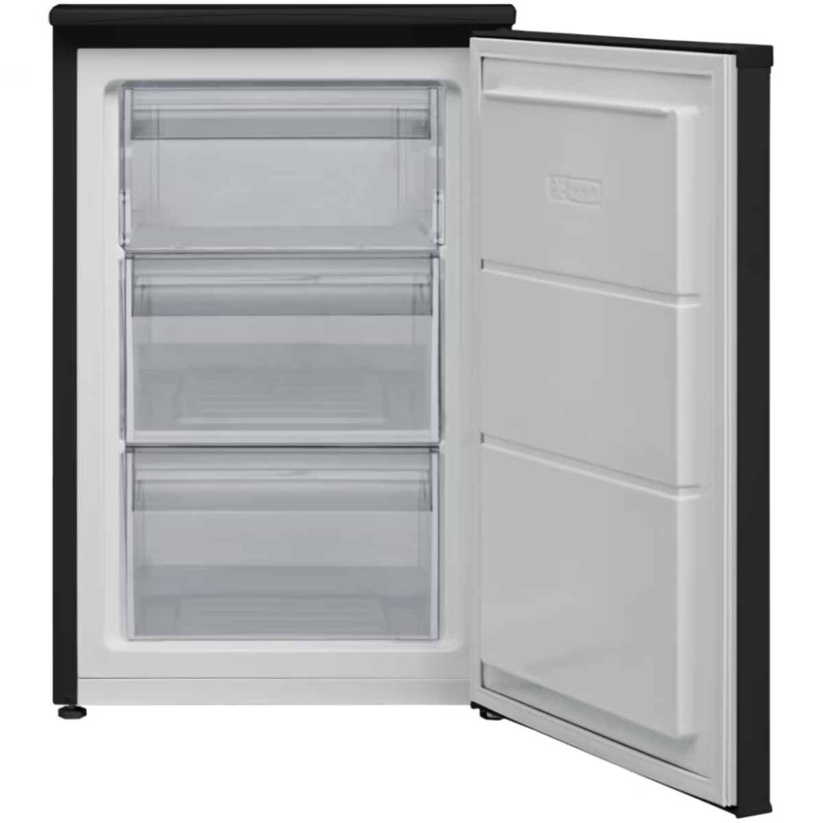 Open zwarte koelkast met wit interieur en drie planken.