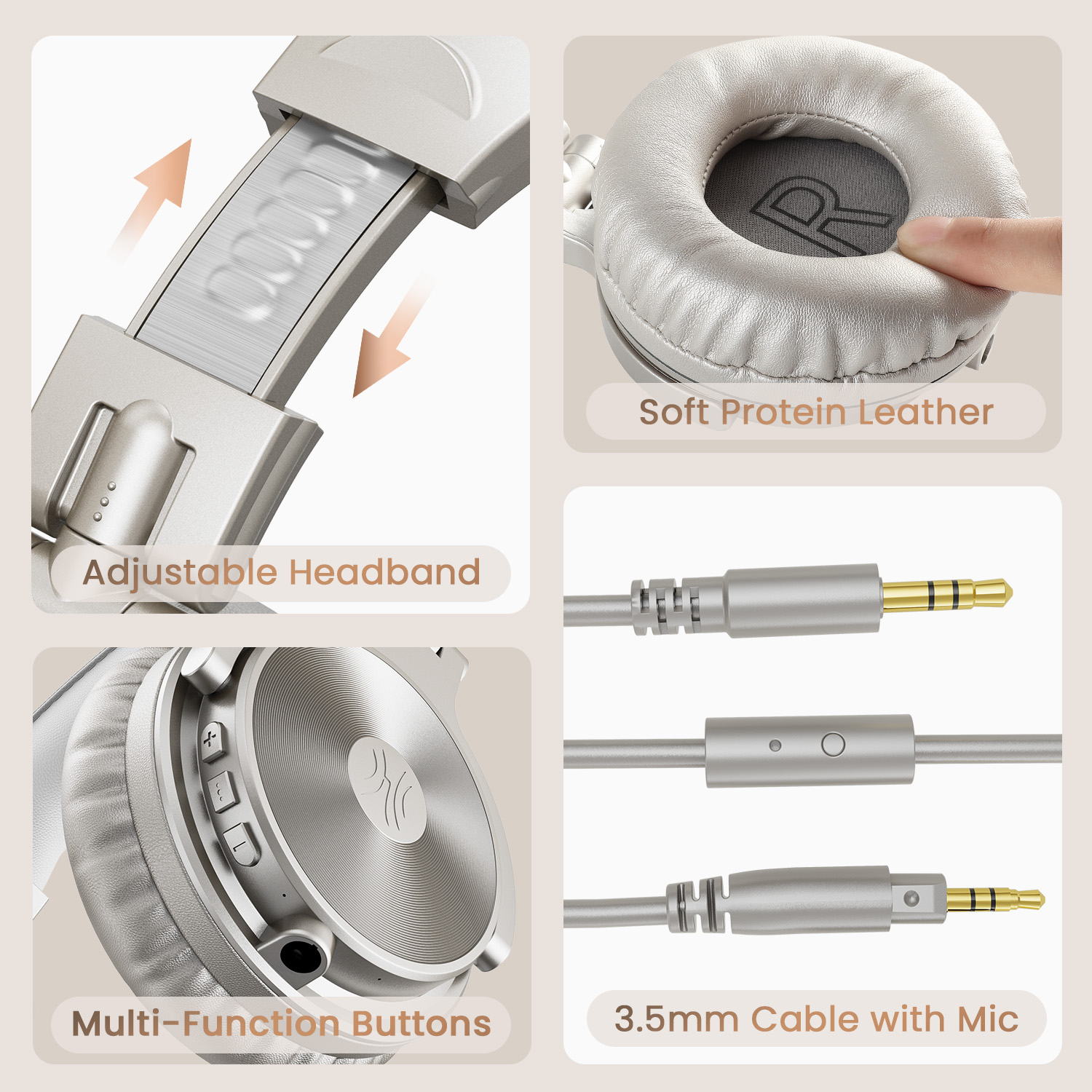 Hoofdtelefoononderdelen. Verstelbare hoofdband, zacht oorkussen, 3,5 mm kabel en multifunctionele knoppen. Achtergrond: Beige.