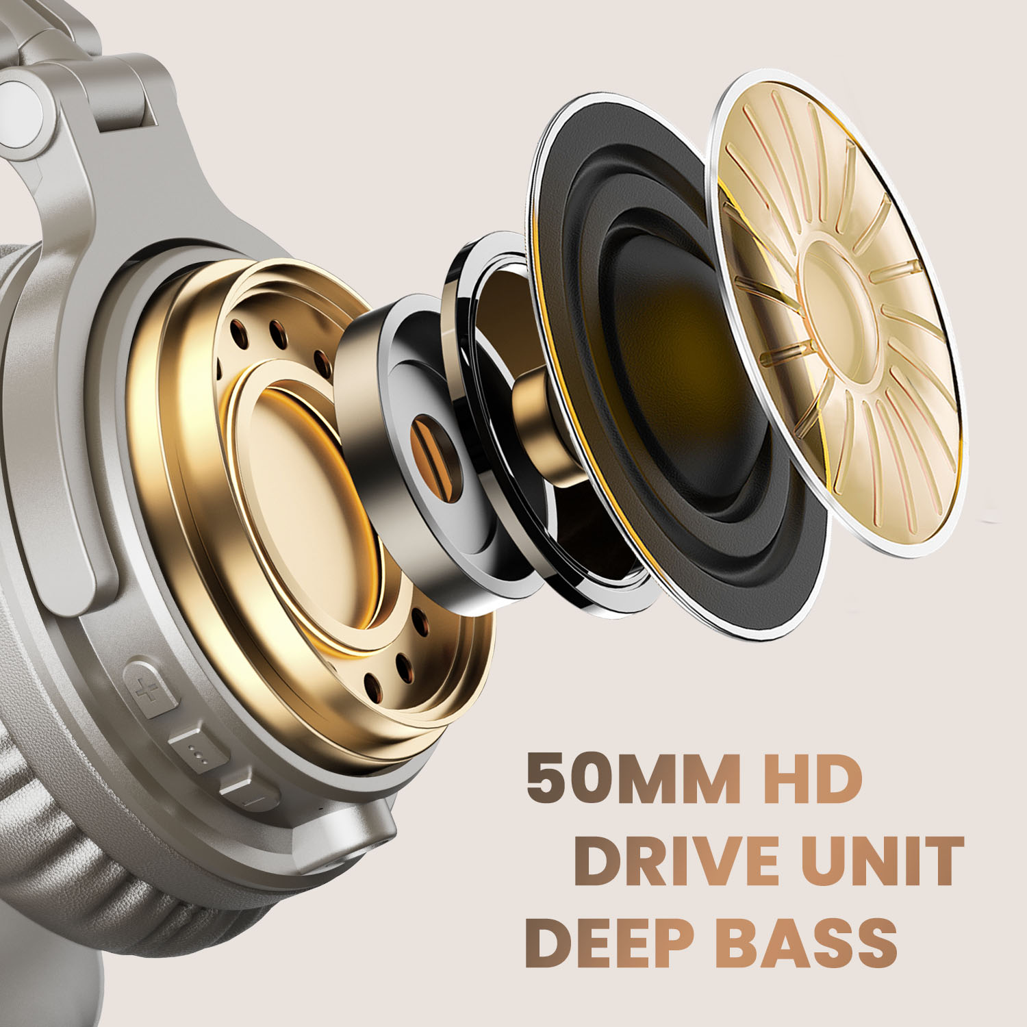 Hoofdtelefoon met een ontploft aanzicht van componenten. Tekst zegt '50MM HD DRIVE UNIT DEEP BASS'.