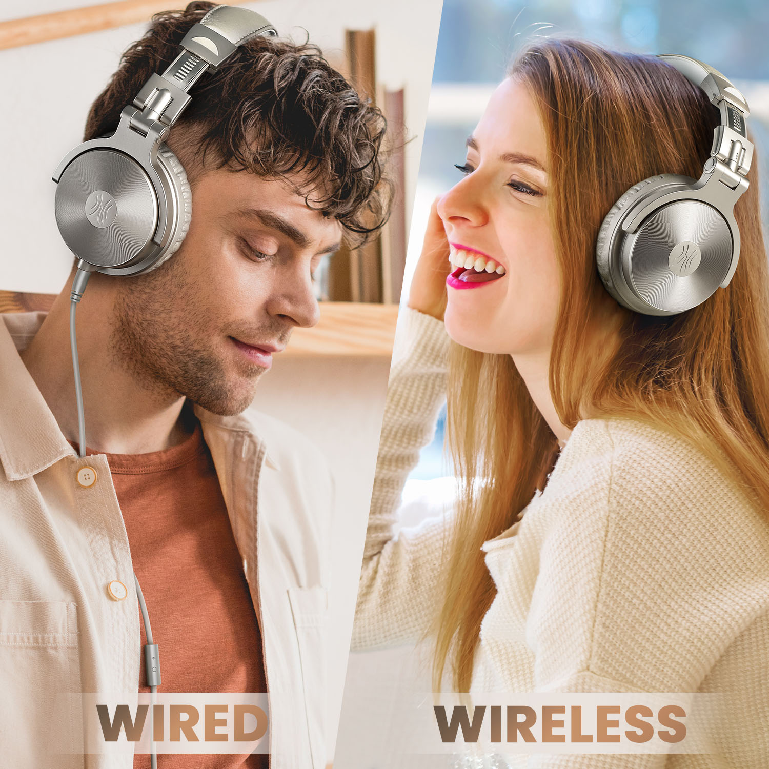 Man en vrouw met zilveren hoofdtelefoon. De man kijkt naar beneden, de vrouw lacht. Tekst: WIRED, WIRELESS.