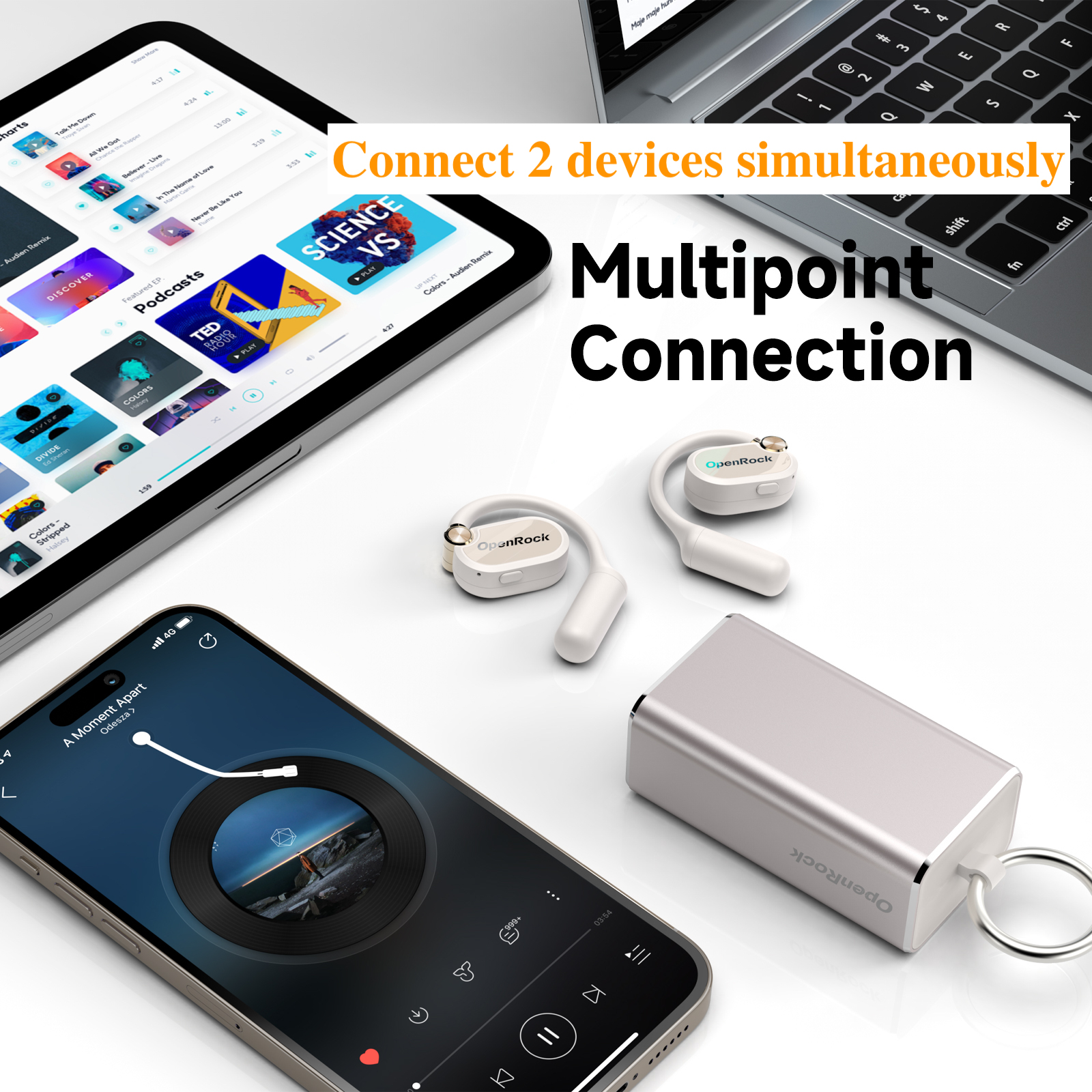 A smartphone, tablet, and earbuds with text 'Connect 2 devices simultaneously' and 'Multipoint Connection'.