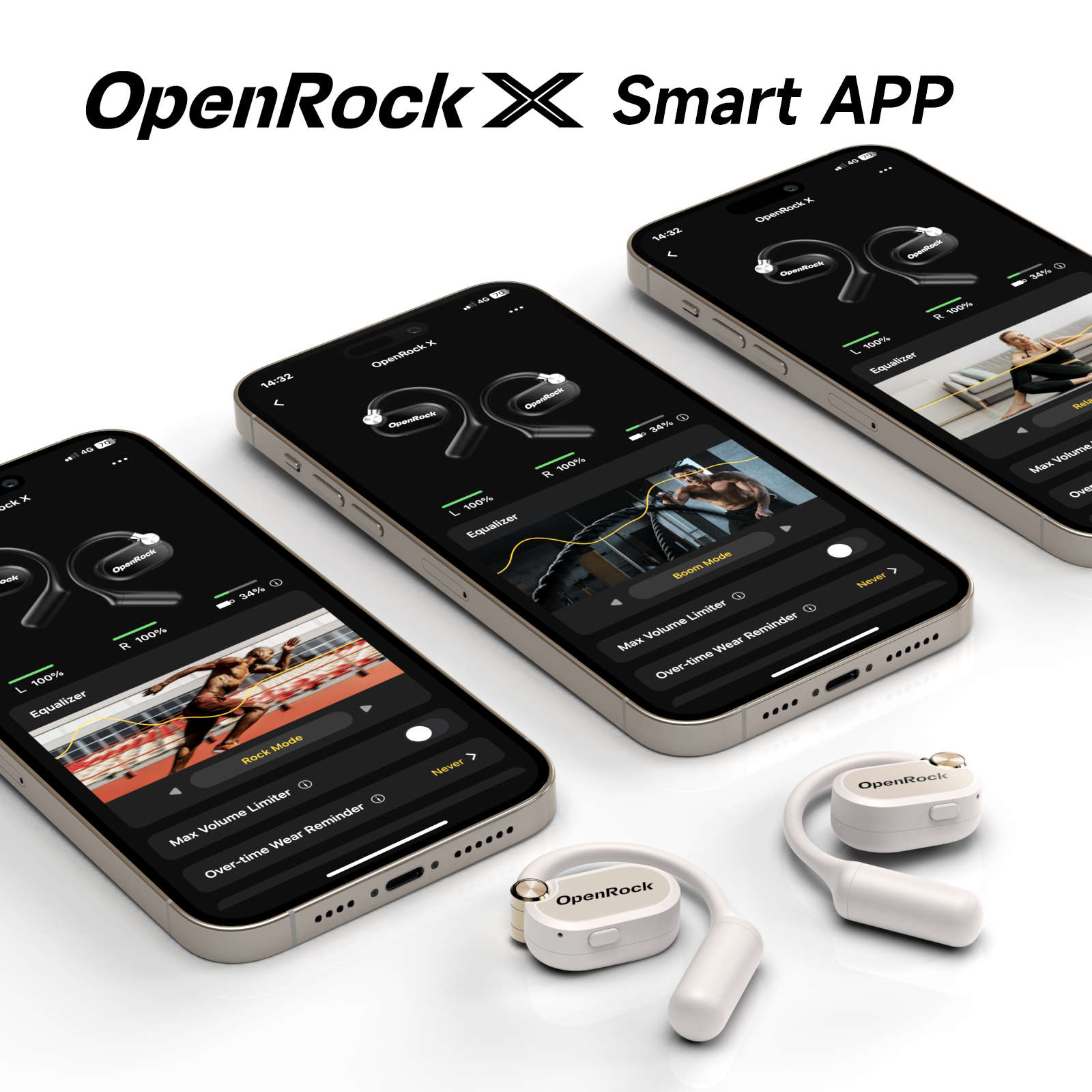Three phones with the OpenRock Smart APP displayed. White earbuds are also present.