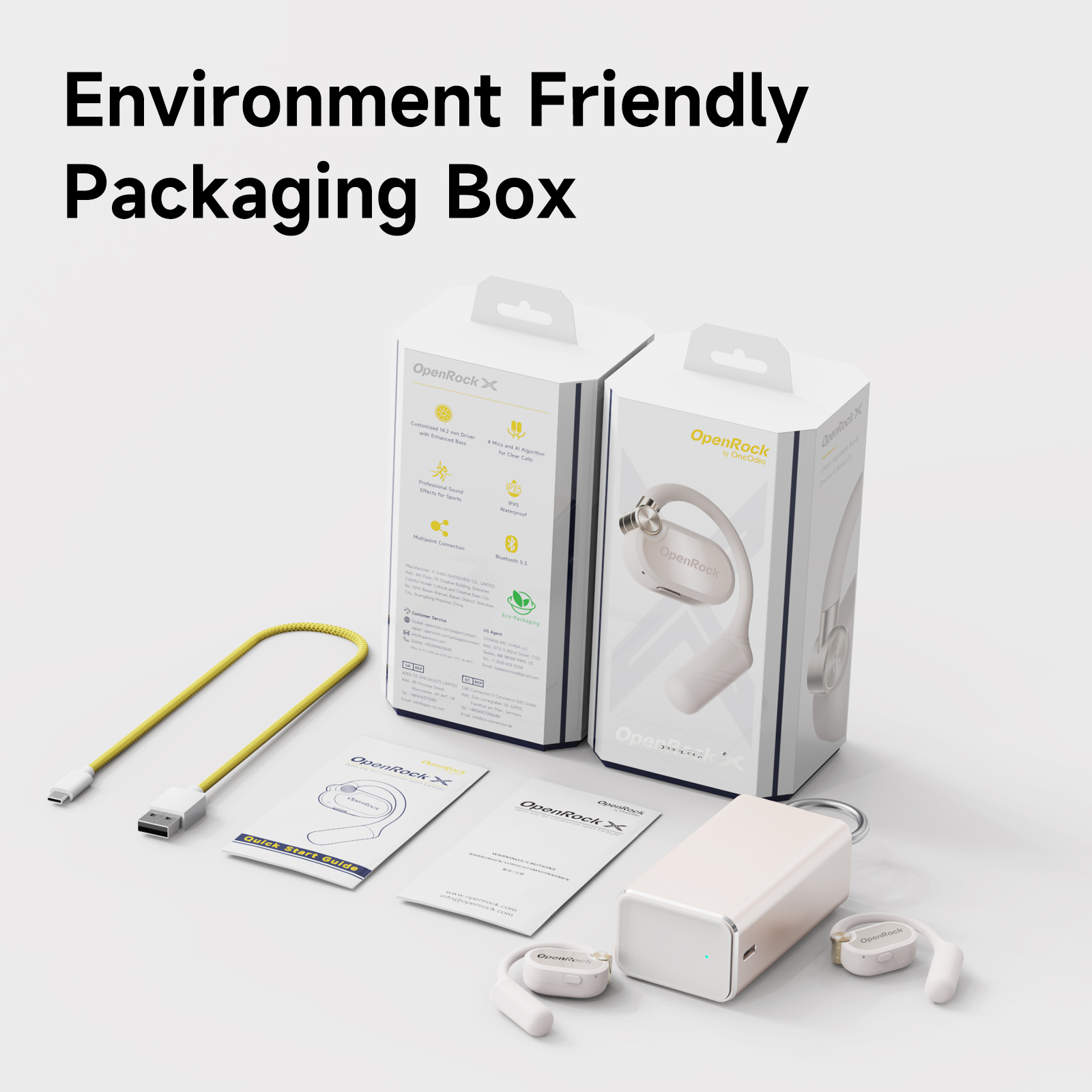 Headphone packaging and accessories. Text: Environment Friendly Packaging Box.