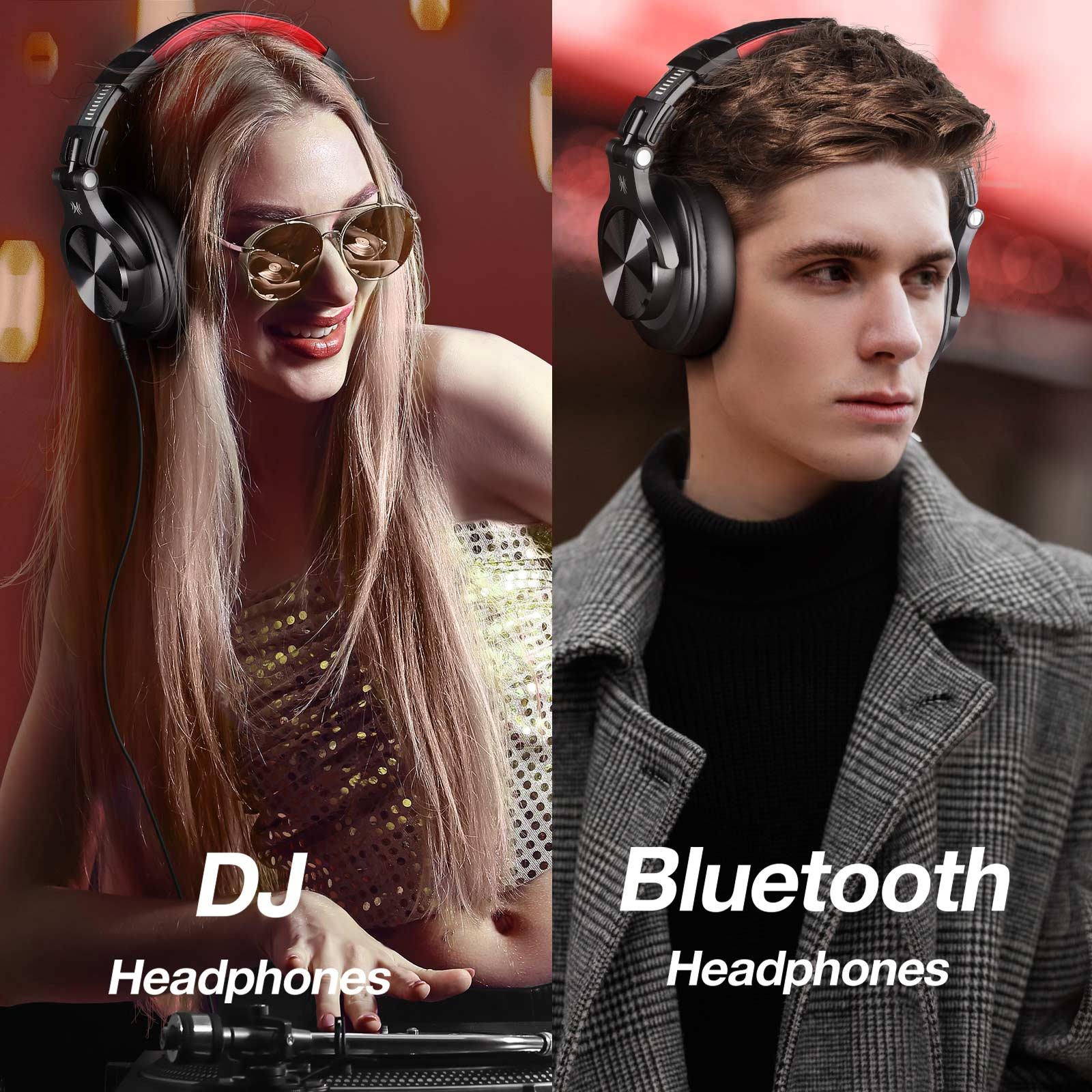 DJ en Bluetooth koptelefoons op mensen, die verschillende gebruiksscenario's vertegenwoordigen.