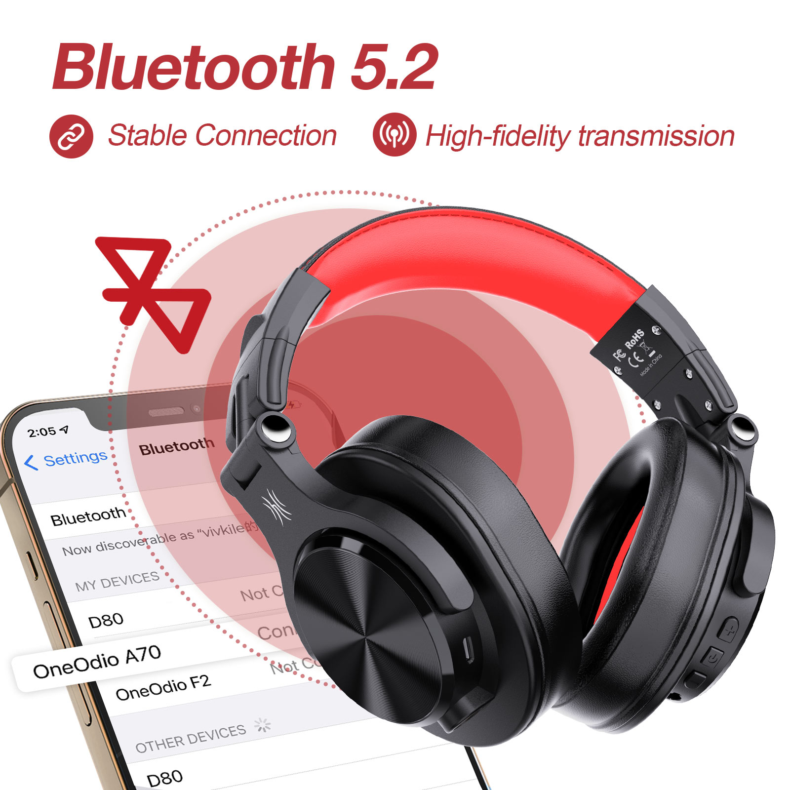 Zwarte en rode koptelefoon, die Bluetooth-verbinding met een telefoon toont.