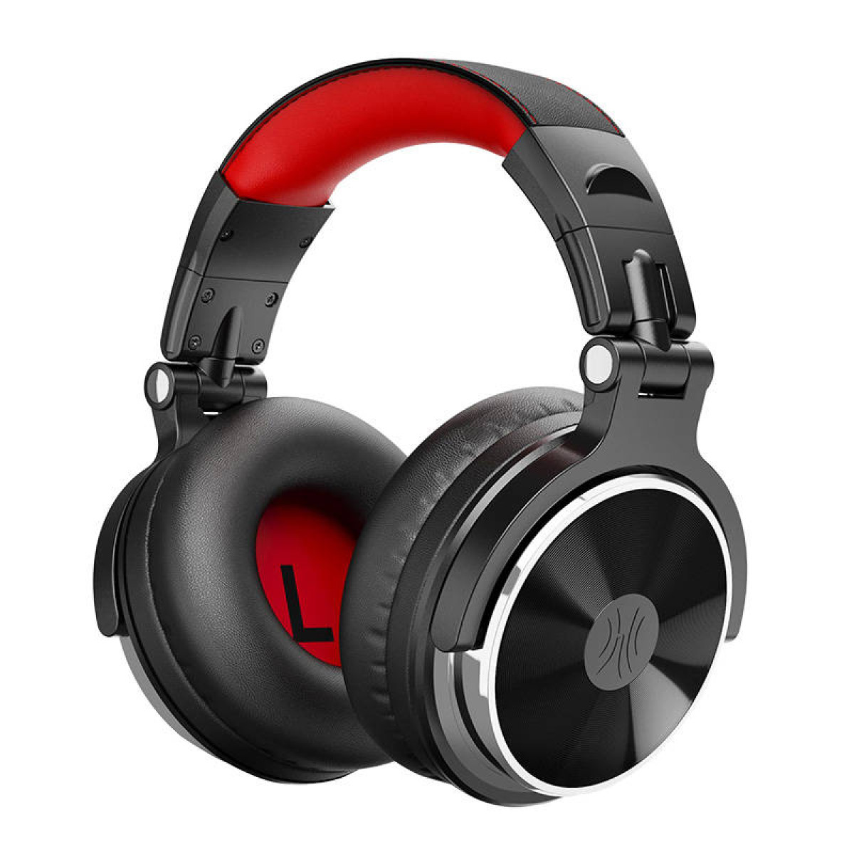 Cuffie nere e rosse. I padiglioni sono neri, l'archetto è rosso. Le cuffie sono per la musica.