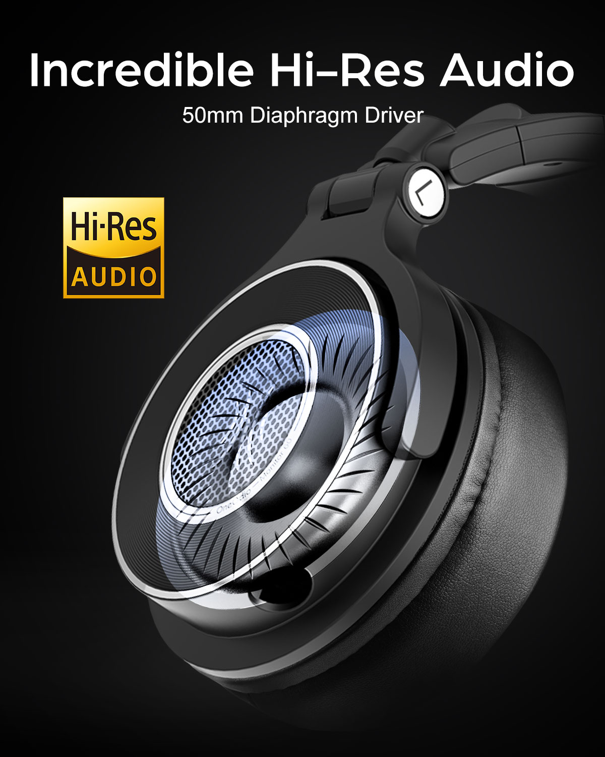 Headphone detail, showing the interior speaker and the words 'Hi-Res AUDIO'.
