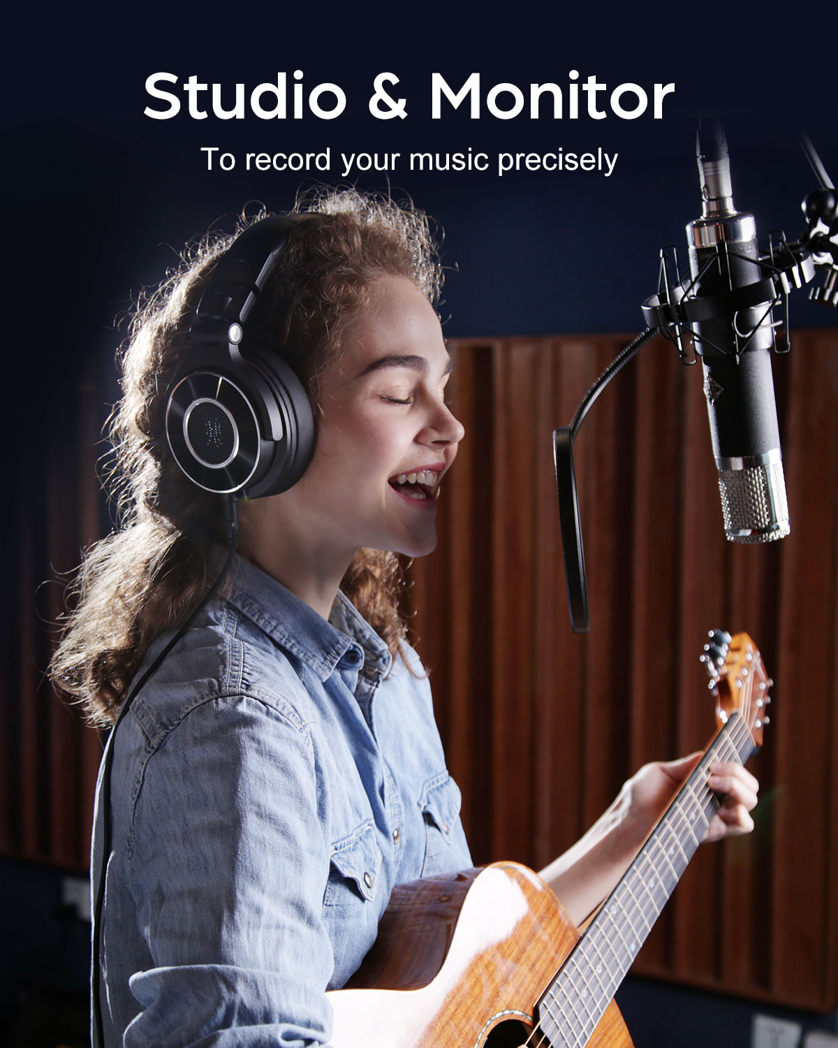 Woman singing into a microphone with headphones on, holding a guitar. Text: Studio & Monitor.