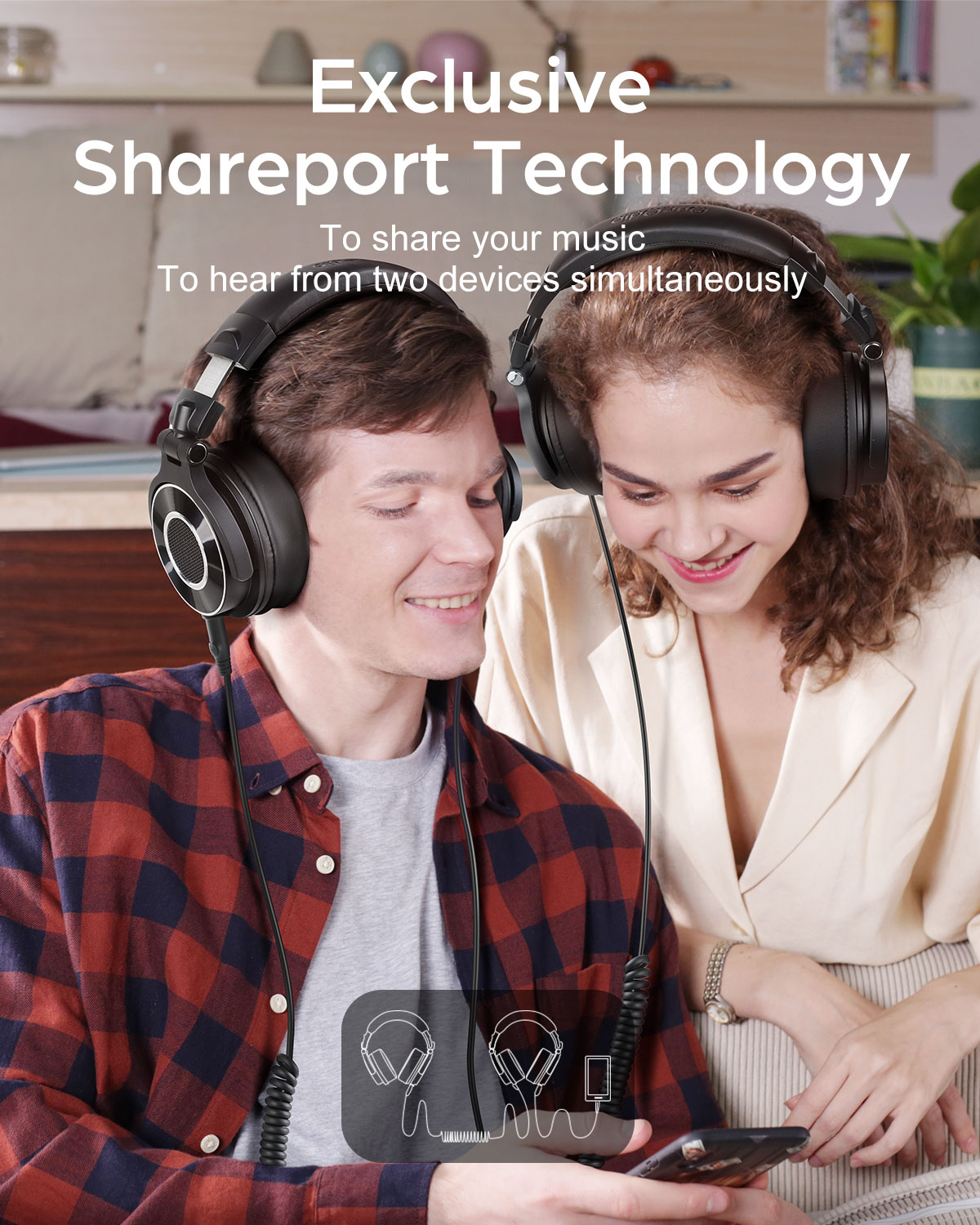 Two people sharing headphones, connected to a phone. The text says 'Shareport Technology'.