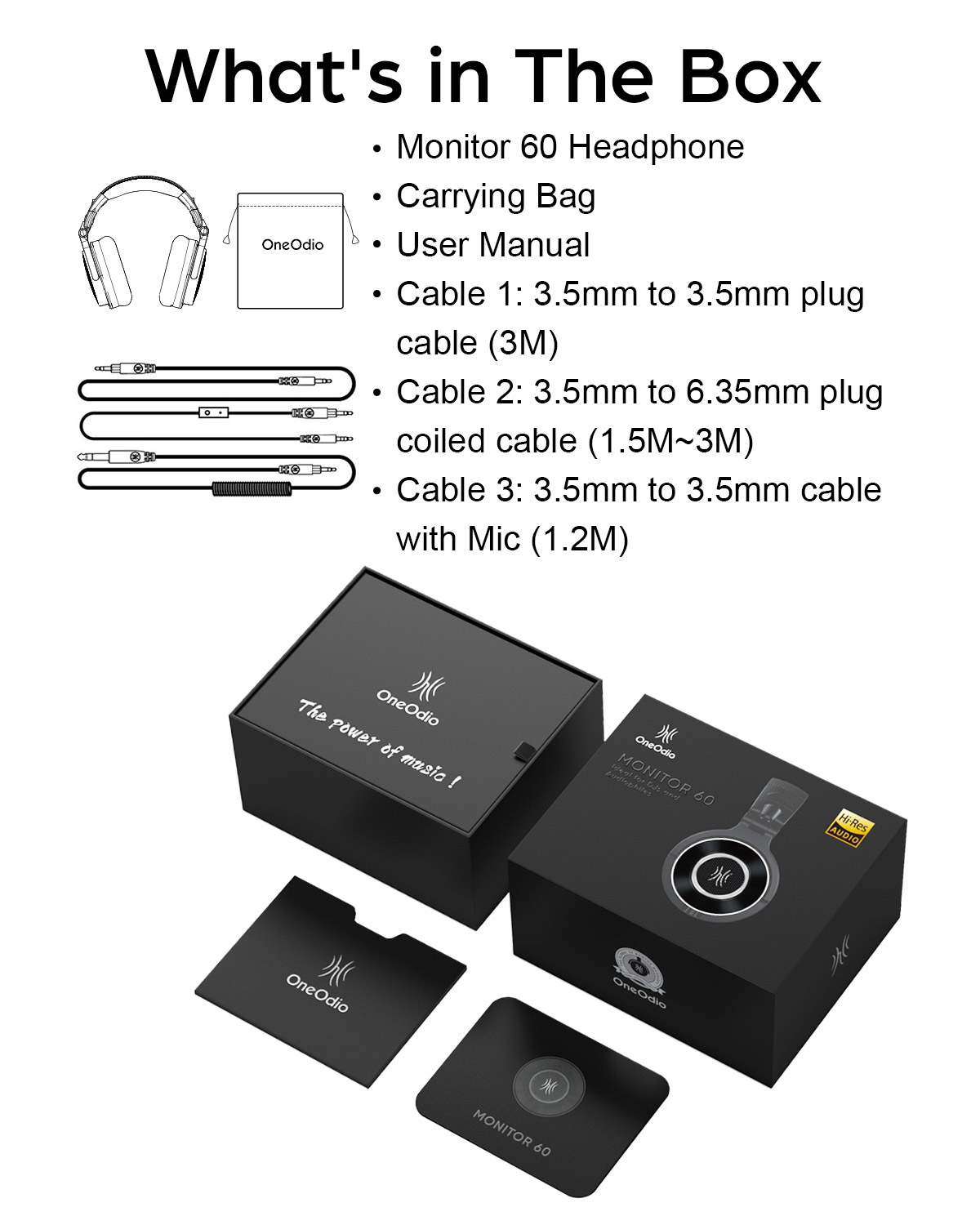 Headphones box with headphones, cables, and accessories.