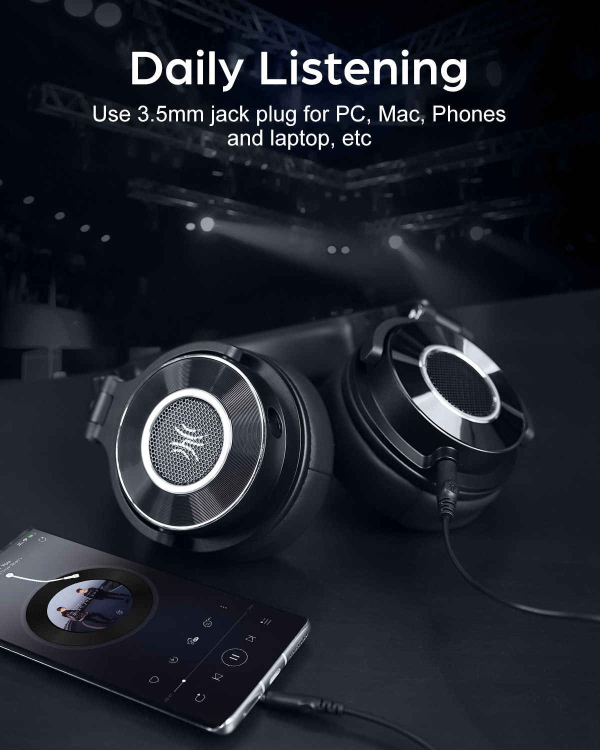 Black headphones connected to a phone. Text: Daily Listening. Background: dark stage.