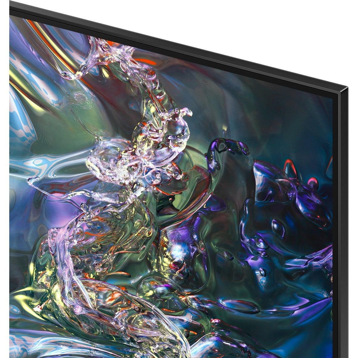 Gros plan sur un écran de télévision affichant des couleurs et des formes abstraites dans un motif aquatique. Cadre noir.