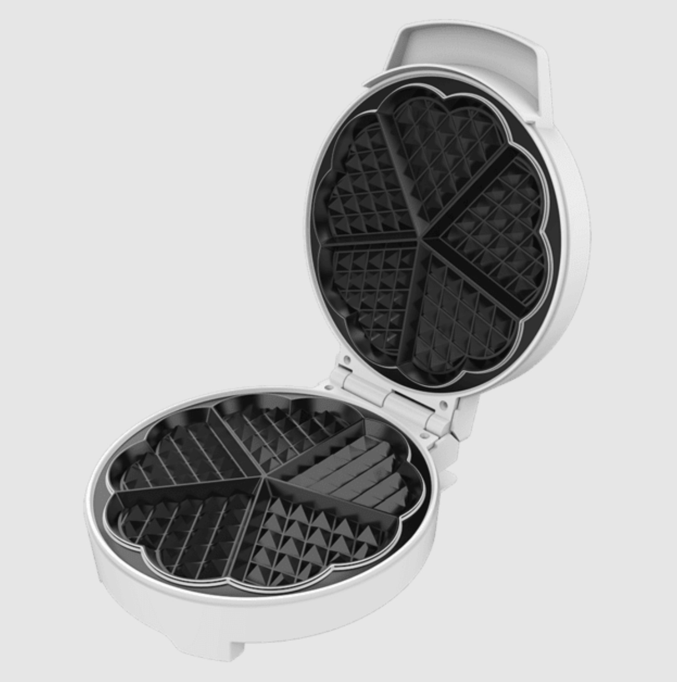 Macchina per waffle bianca, aperta, che rivela le piastre di cottura a forma di waffle.