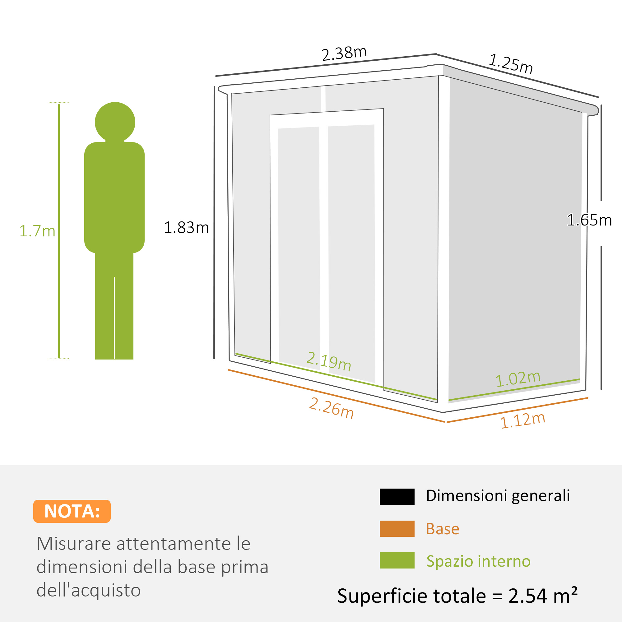 Dimensioni di un capanno con sagoma di persona, mostrando le misure.