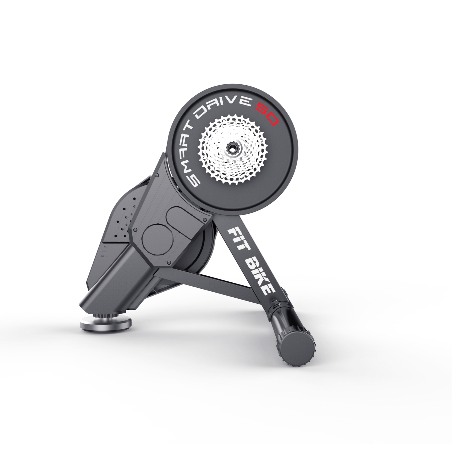 Smart drive fietstrainer op een witte achtergrond. De fietstrainer is grijs.