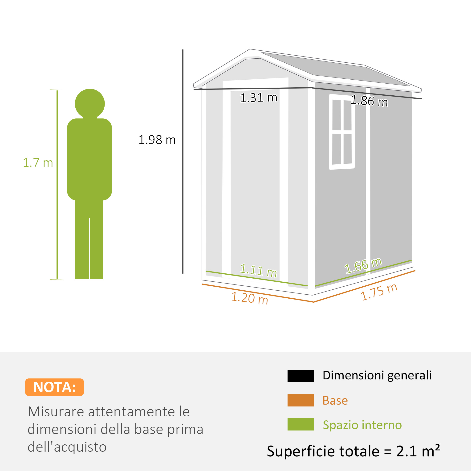 Diagramma di un capannone con dimensioni. Viene indicata anche l'altezza di una persona.