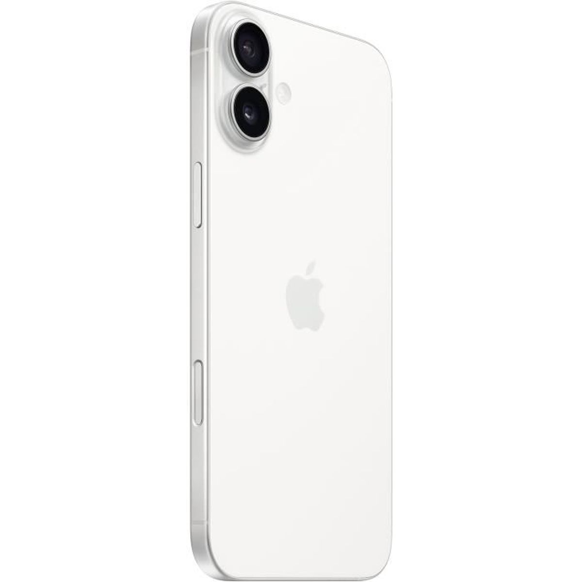 Biały iPhone z podwójnym aparatem, widok z tyłu, na białym tle. Widoczne logo Apple.