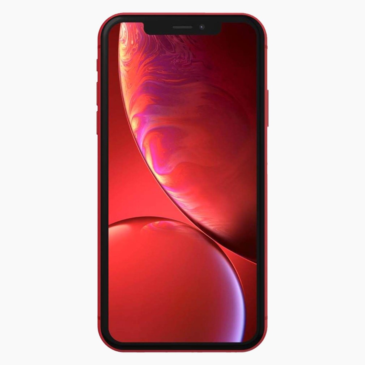 Rote Vorderansicht des iPhone XR mit leuchtend rotem und violettem Hintergrund. Das Telefon hat einen roten Rahmen.
