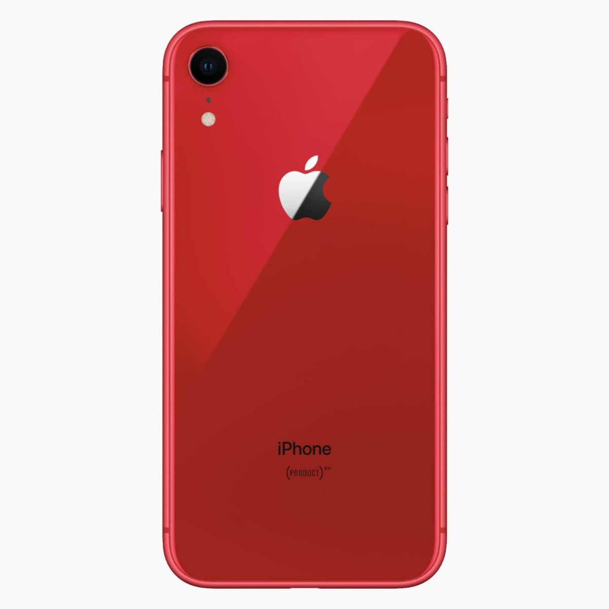 Rückansicht eines roten iPhone XR mit Einzelkamera und Apple-Logo. Das Wort 'iPhone' steht unten.