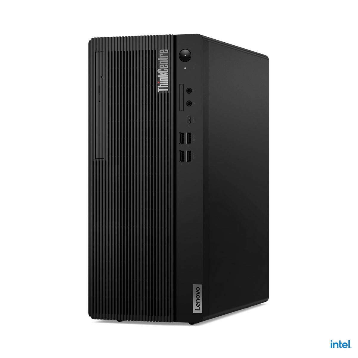 Case del computer Lenovo ThinkCentre nero con il logo Lenovo.