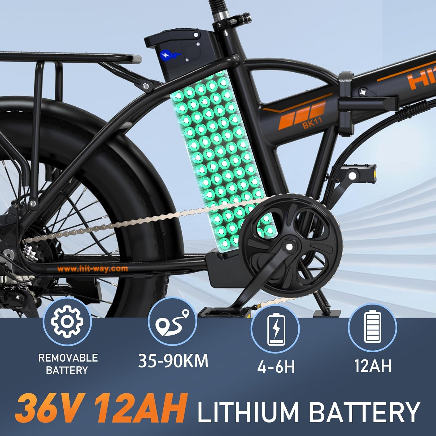 Bicicletta elettrica nera con batteria grande e icone di durata.