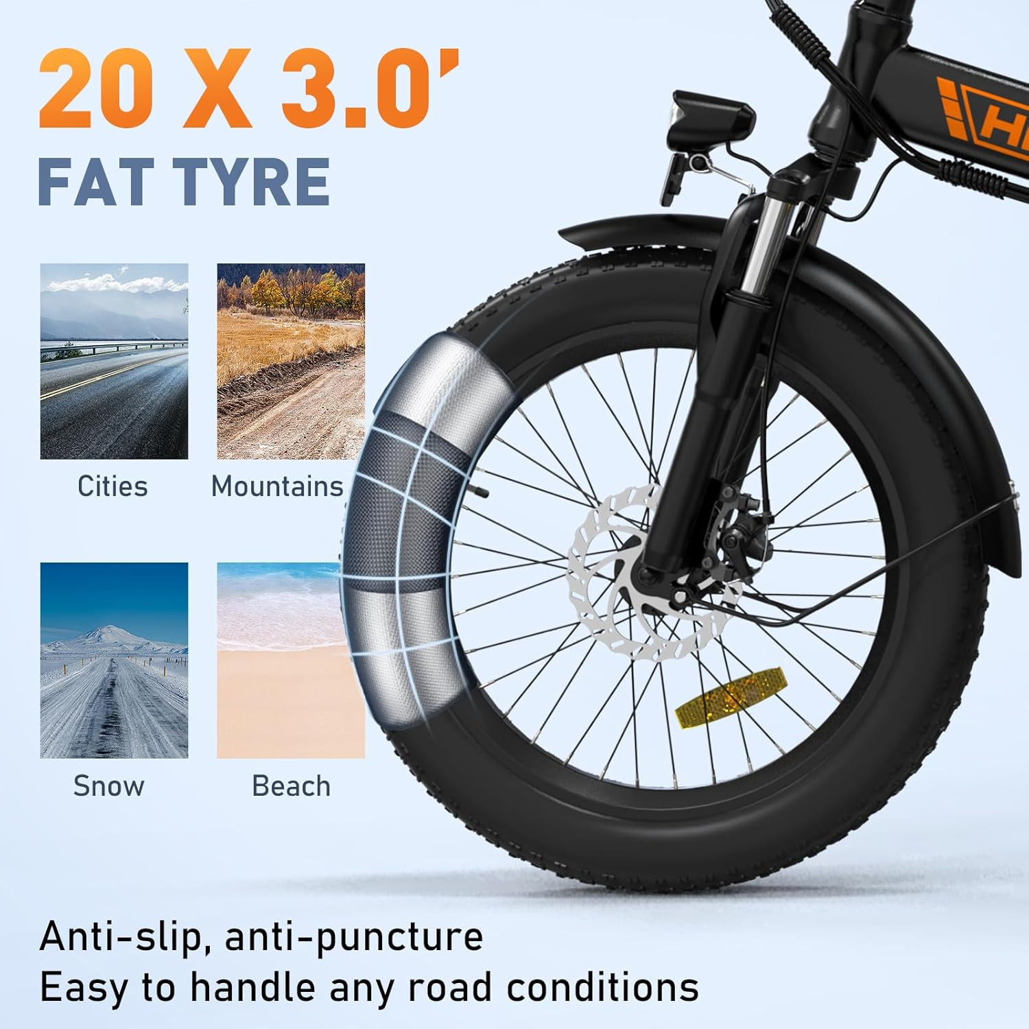 Ruota per bici con pneumatici grassi con sovrapposizione di testo: '20 X 3.0' FAT TYRE' ed esempi di immagini.