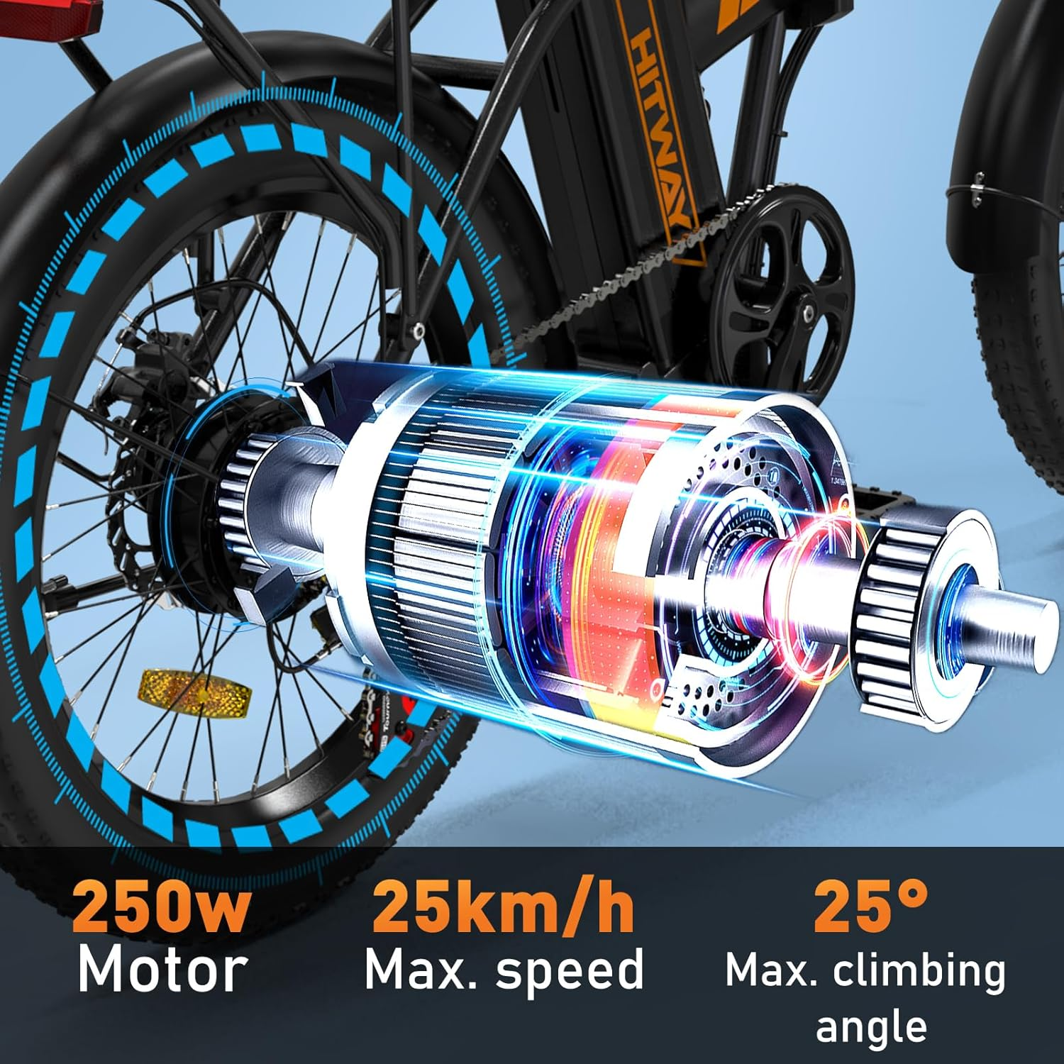 Primo piano della ruota della bici elettrica. Mostra info motore, velocità e angolo di salita.