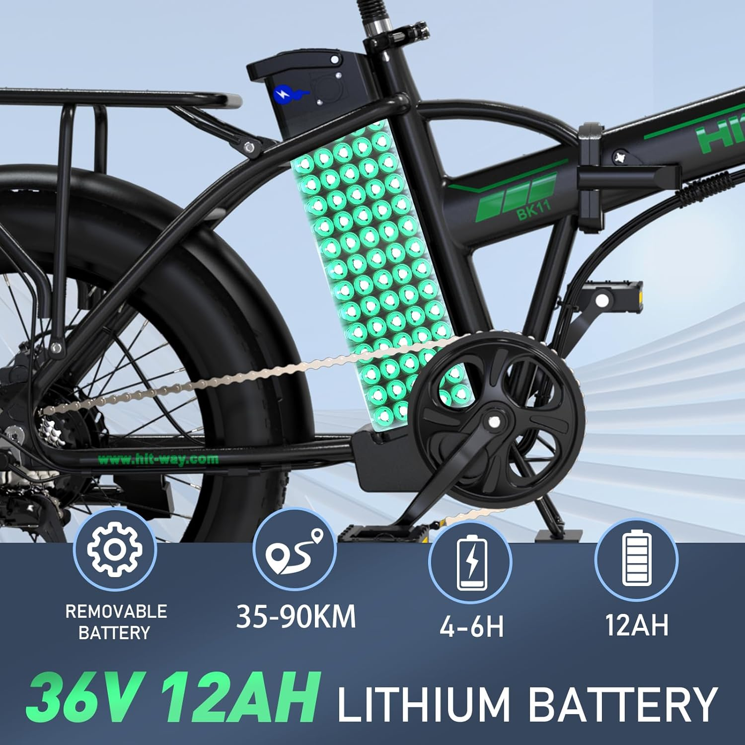 Primo piano della batteria e delle specifiche della bici elettrica. Mostra capacità e autonomia.