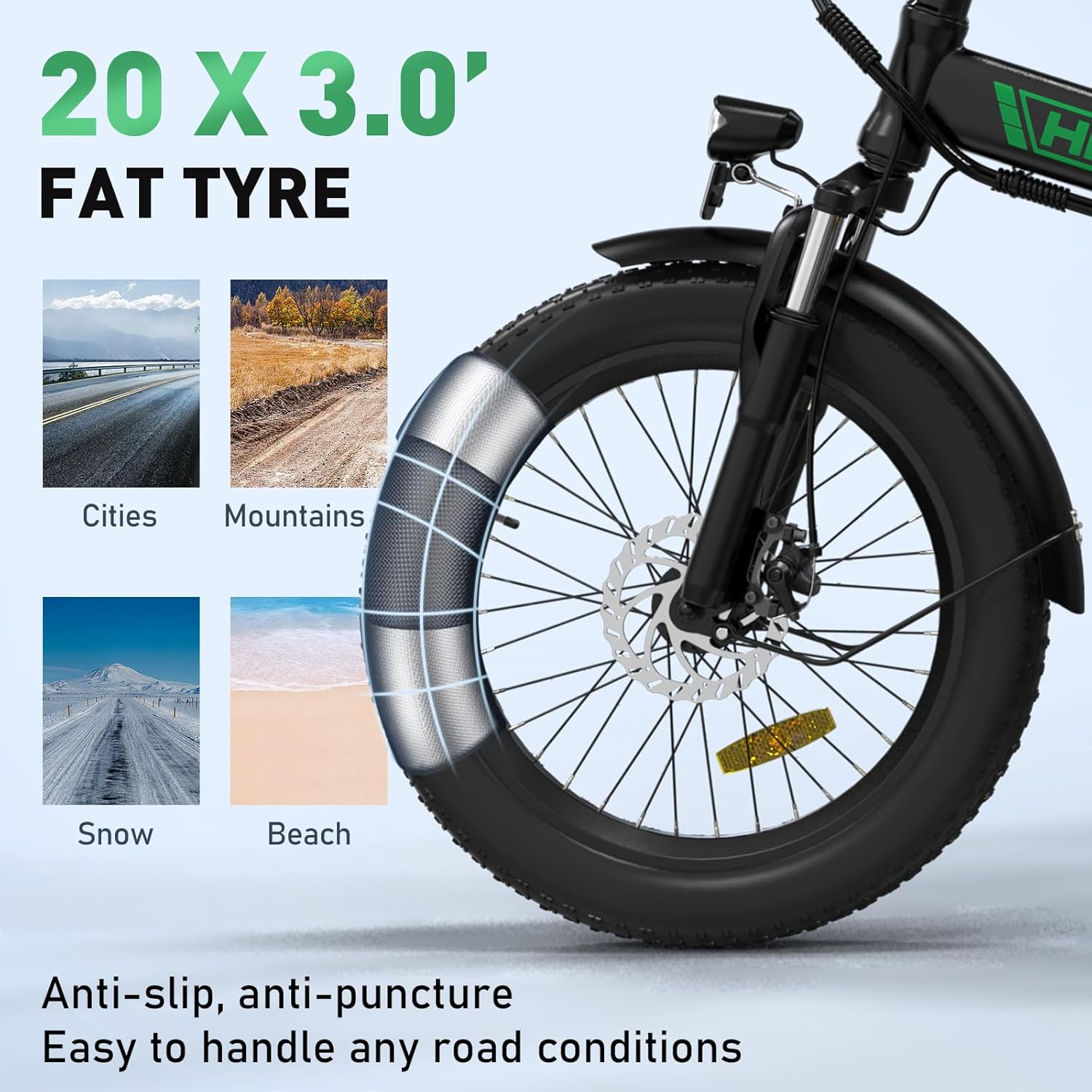 Pneumatico nero per bici con testo: 20 X 3.0', fat tyre, e immagini.