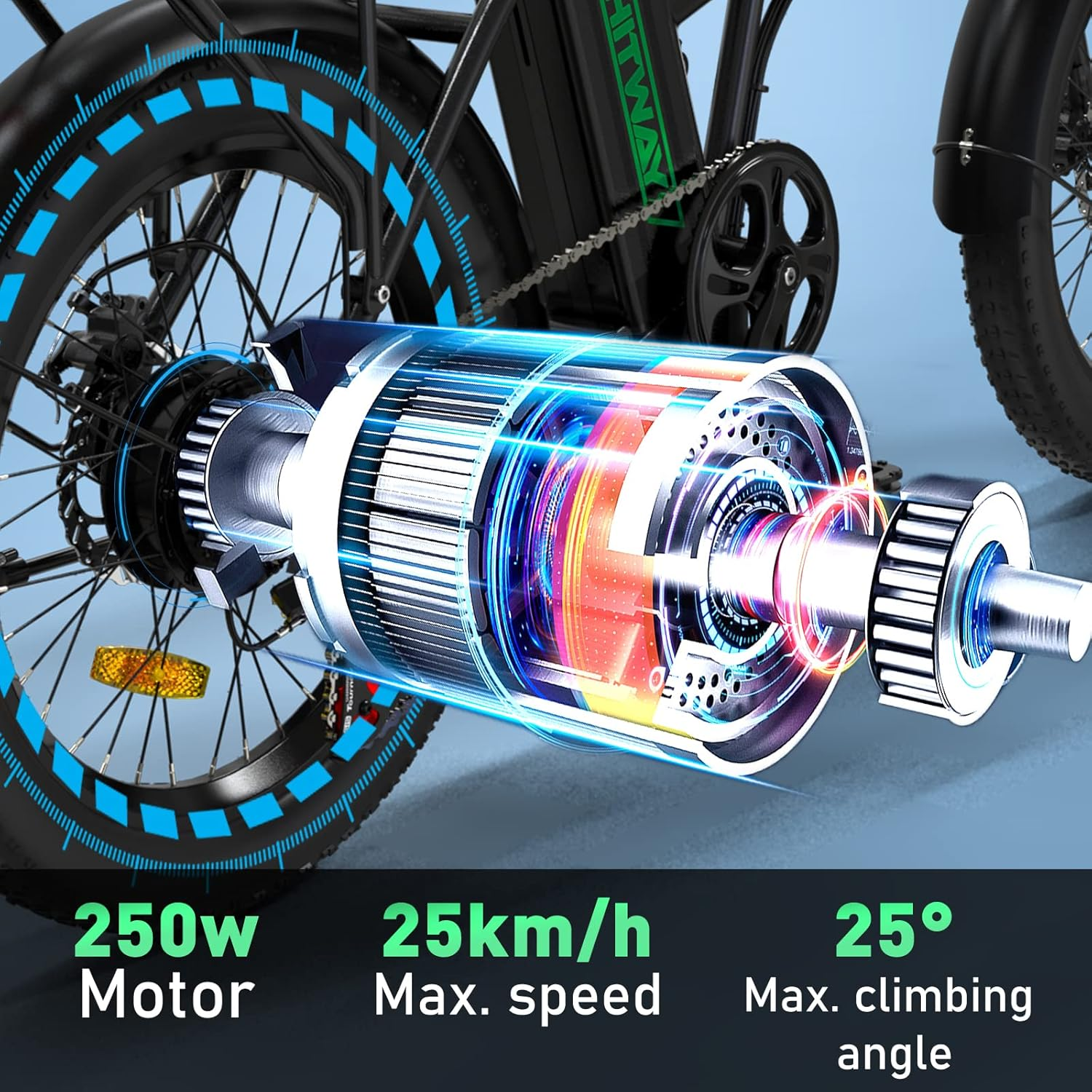 Diagramma del meccanismo della bici con testo: motore 250w, 25km/h e angolo 25°.