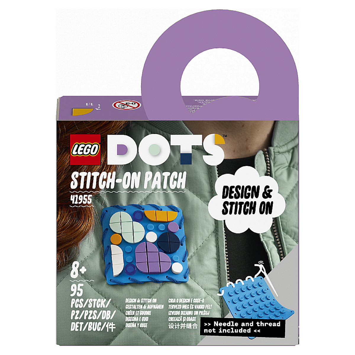 Zestaw LEGO DOTS Stitch-On Patch. Opakowanie ma niebieską naszywkę i napis 'DESIGN & STITCH ON'.