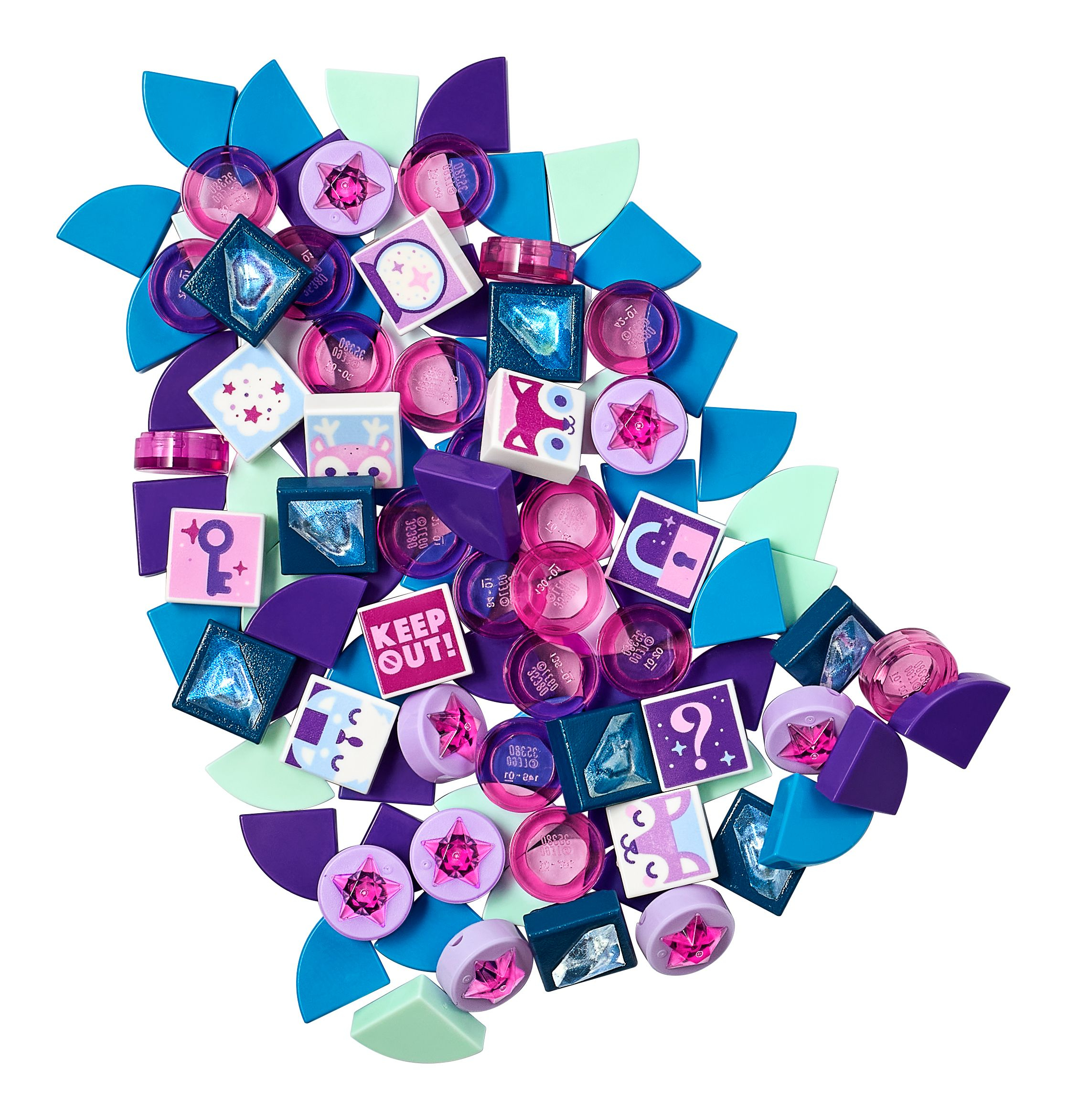 Kolekcja kolorowych klocków LEGO, w tym różne kształty i dekoracje.