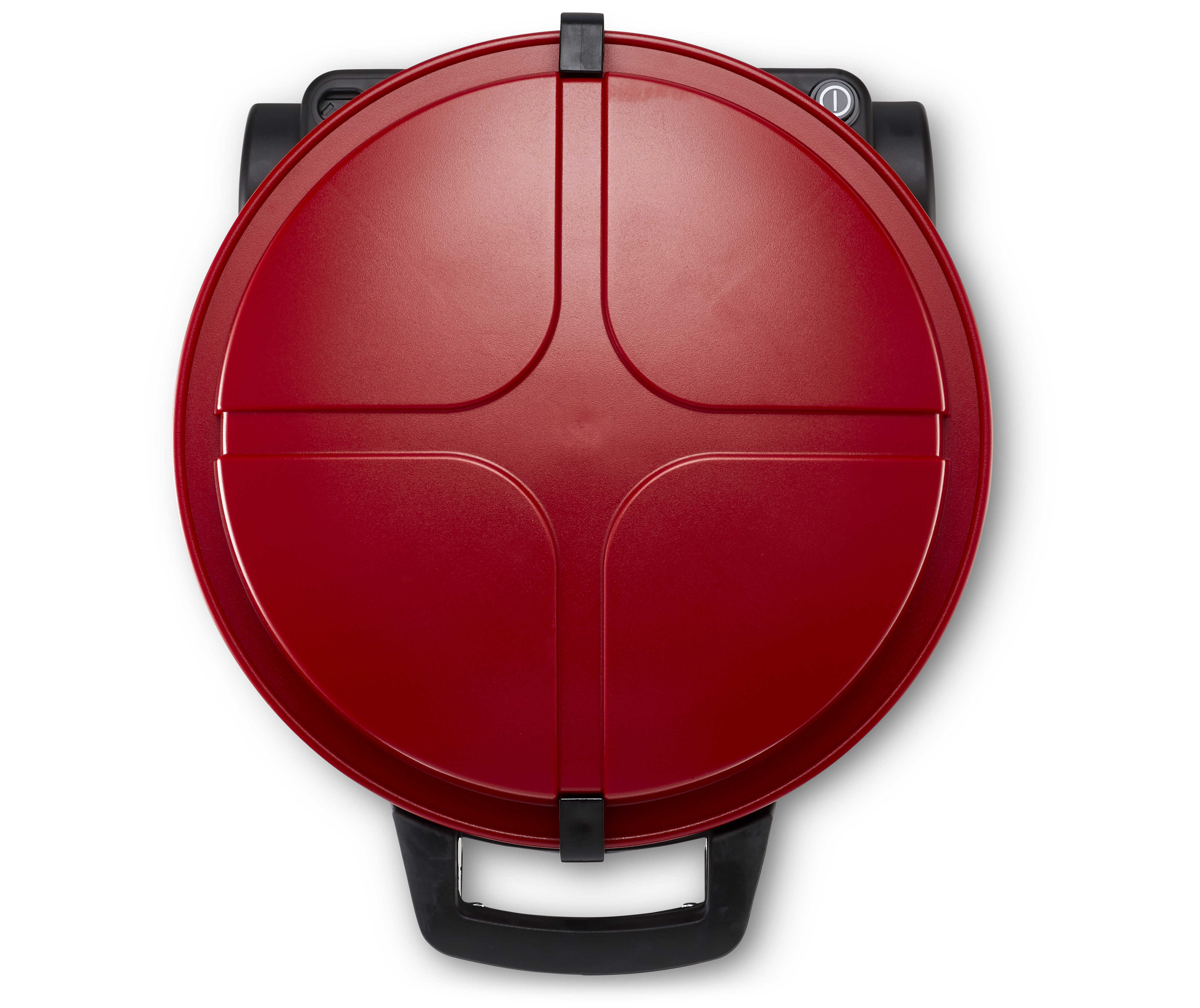 Rood, rond apparaat bovenaanzicht. Zwarte handgreep, deksel en een zwarte rand. Witte achtergrond.