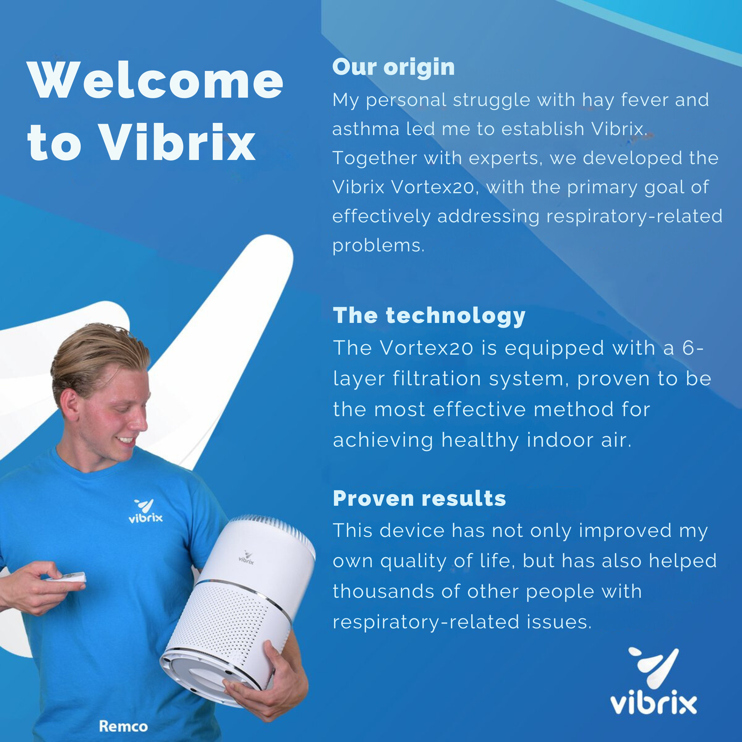 Mann mit Luftreiniger, weißer und blauer Hintergrund. Text über Vibrix und seine Technologie.